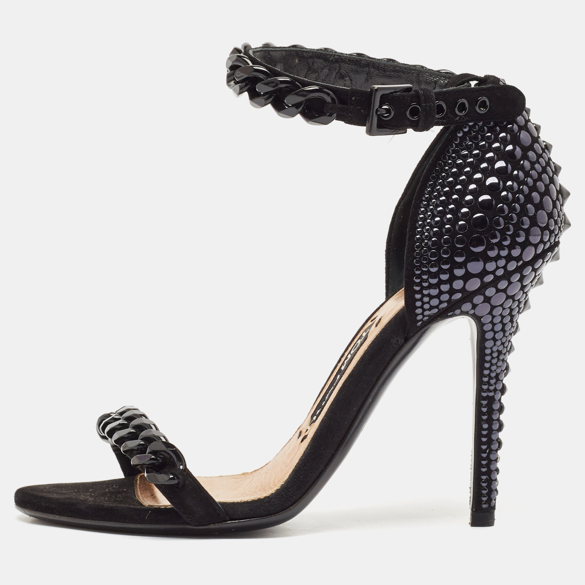 

Tom Ford Black Suede Studded Chain Link Ankle Strap Sandals Size