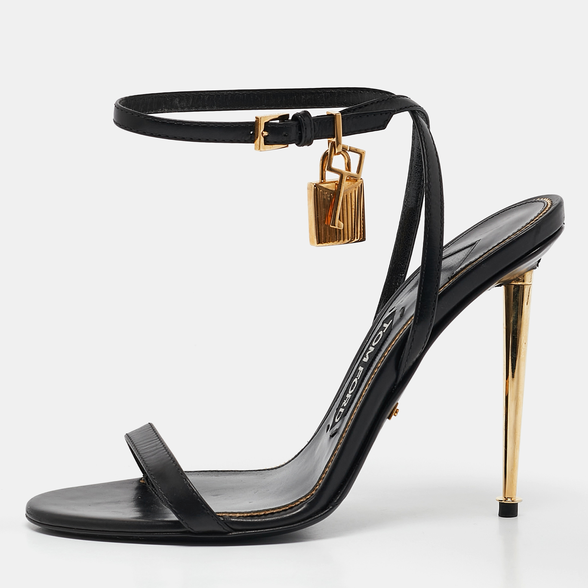 

Tom Ford Black Leather Padlock Ankle Strap Sandals Size