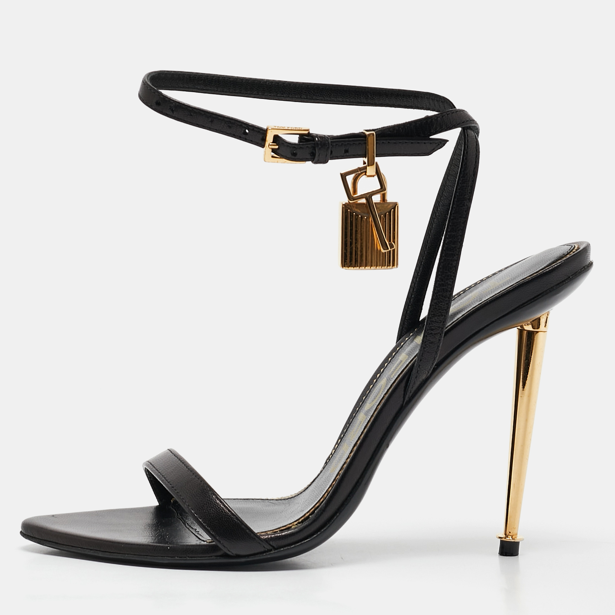 

Tom Ford Black Leather Padlock Ankle Strap Sandals Size