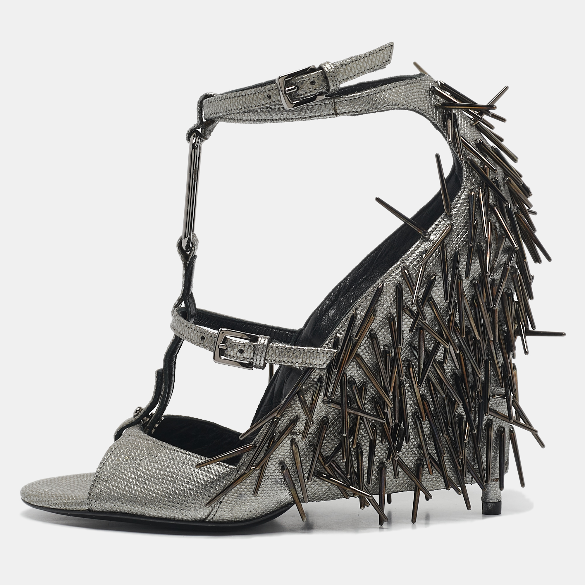 

Tom Ford Metallic Grey Leather Embellished Wedge Sandals Size