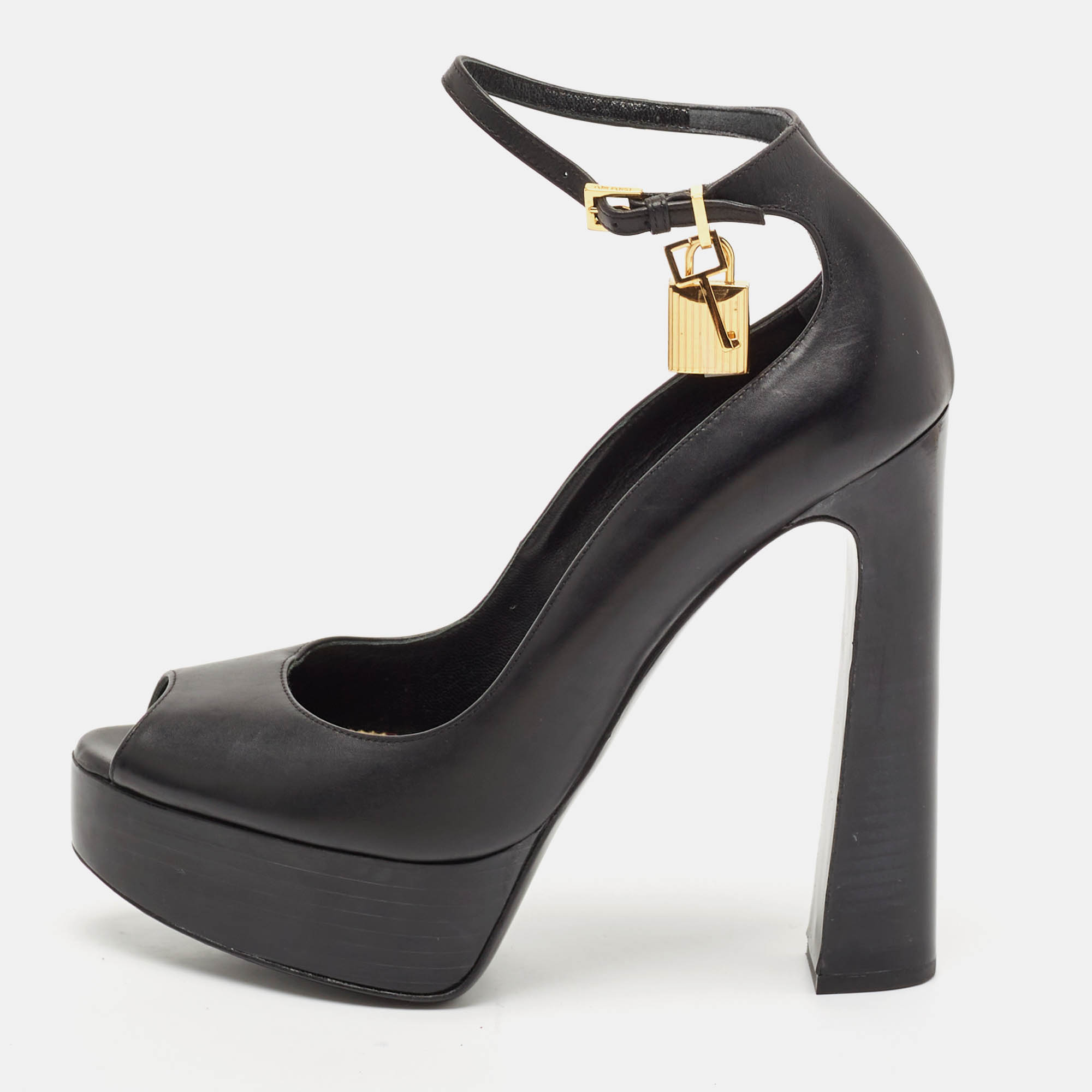 

Tom Ford Black Leather Padlock Peep Toe Ankle Wrap Pumps Size