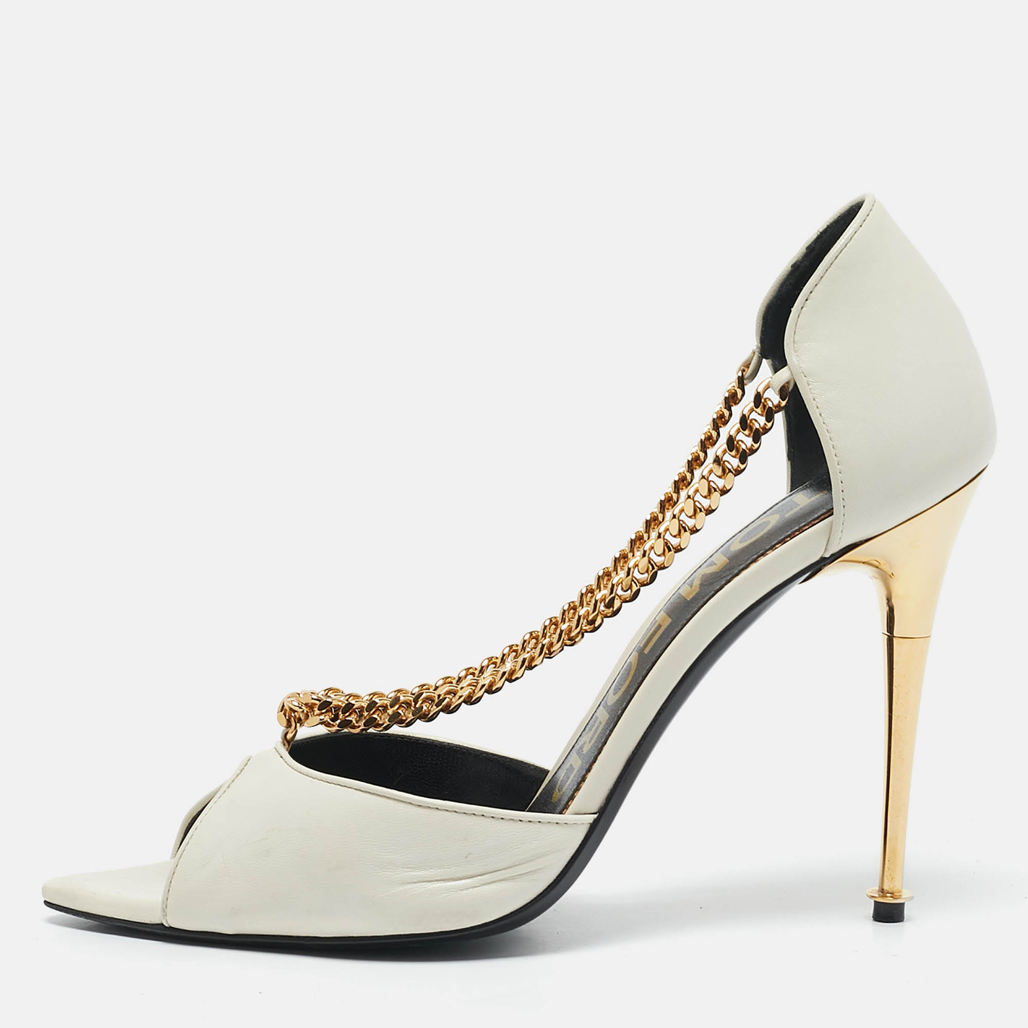 

Tom Ford White Leather Chain Detail Open Toe Pumps Size