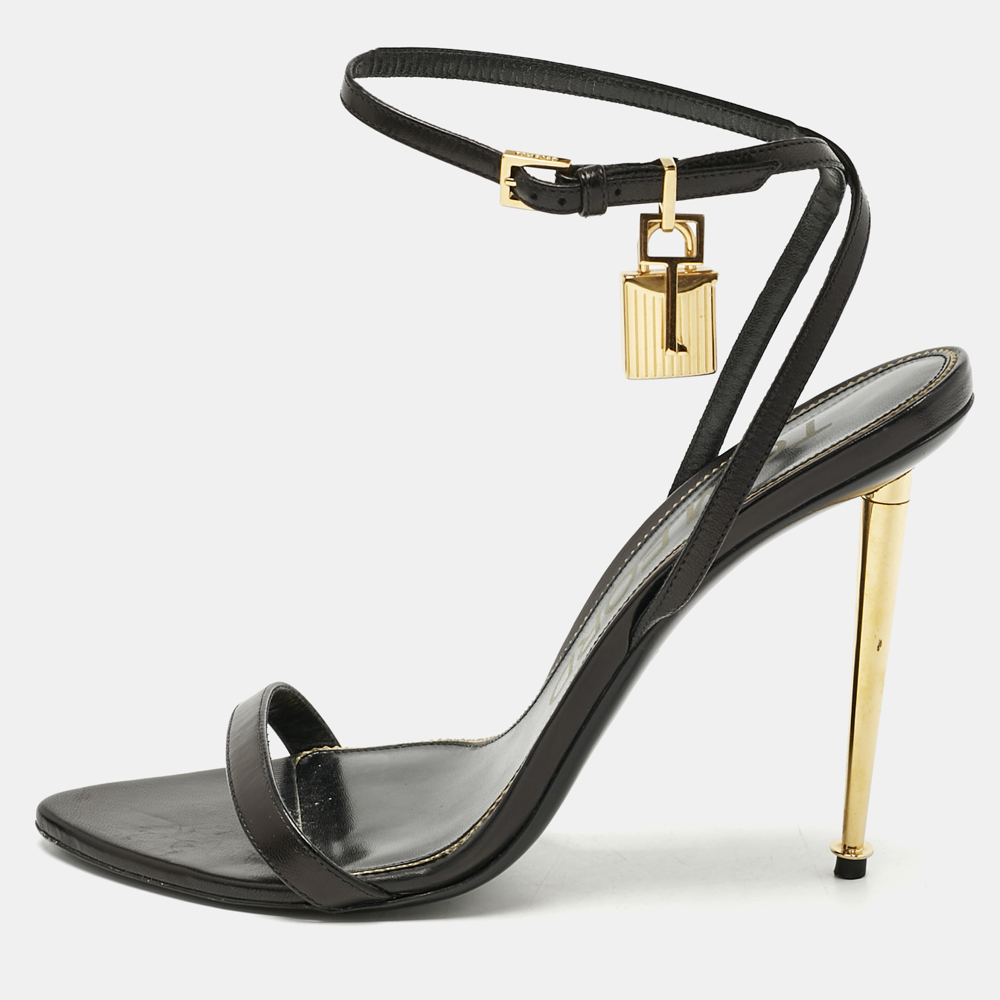 

Tom Ford Black Leather Padlock Ankle Strap Sandals Size
