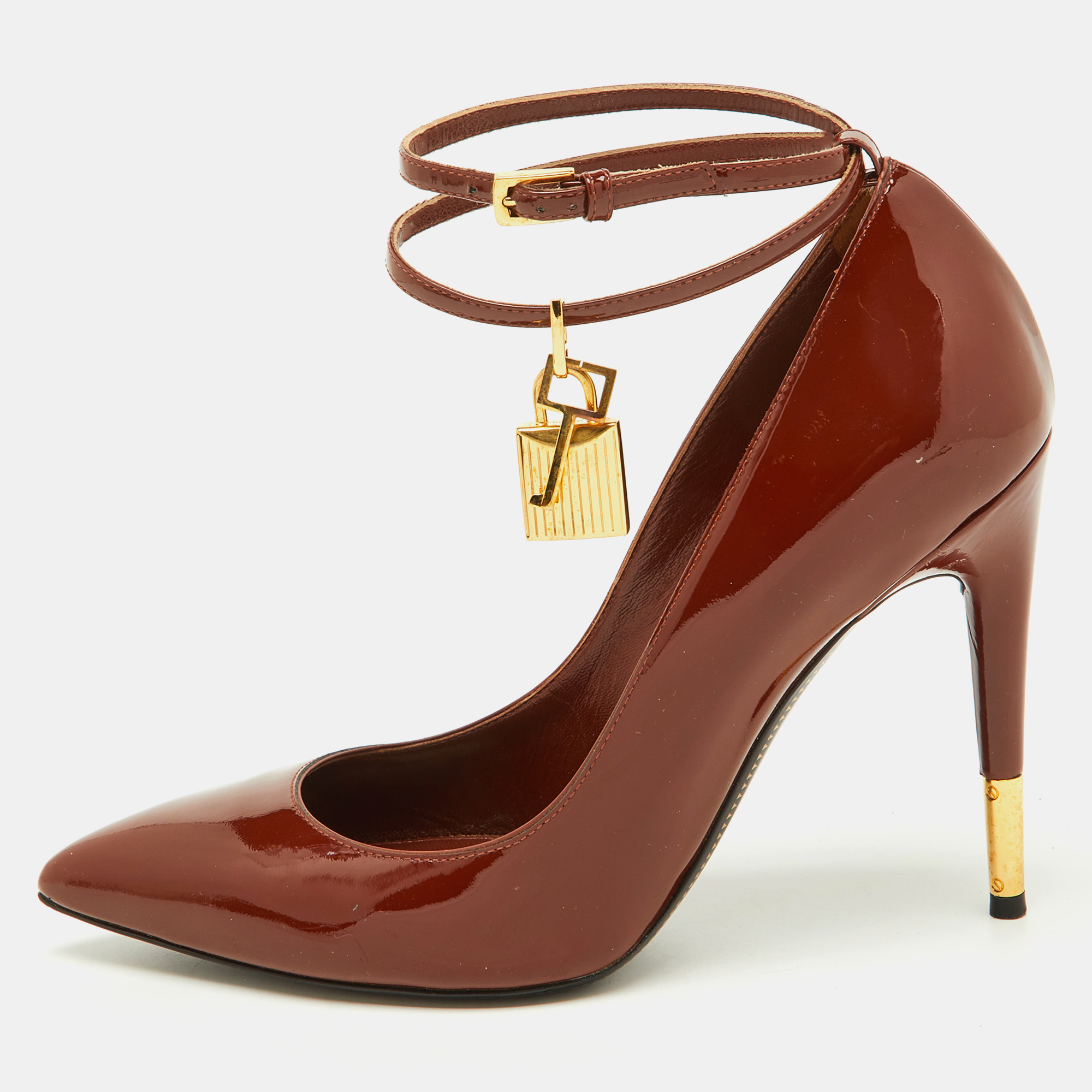 

Tom Ford Brown Patent Leather Padlock Ankle Wrap Pumps Size