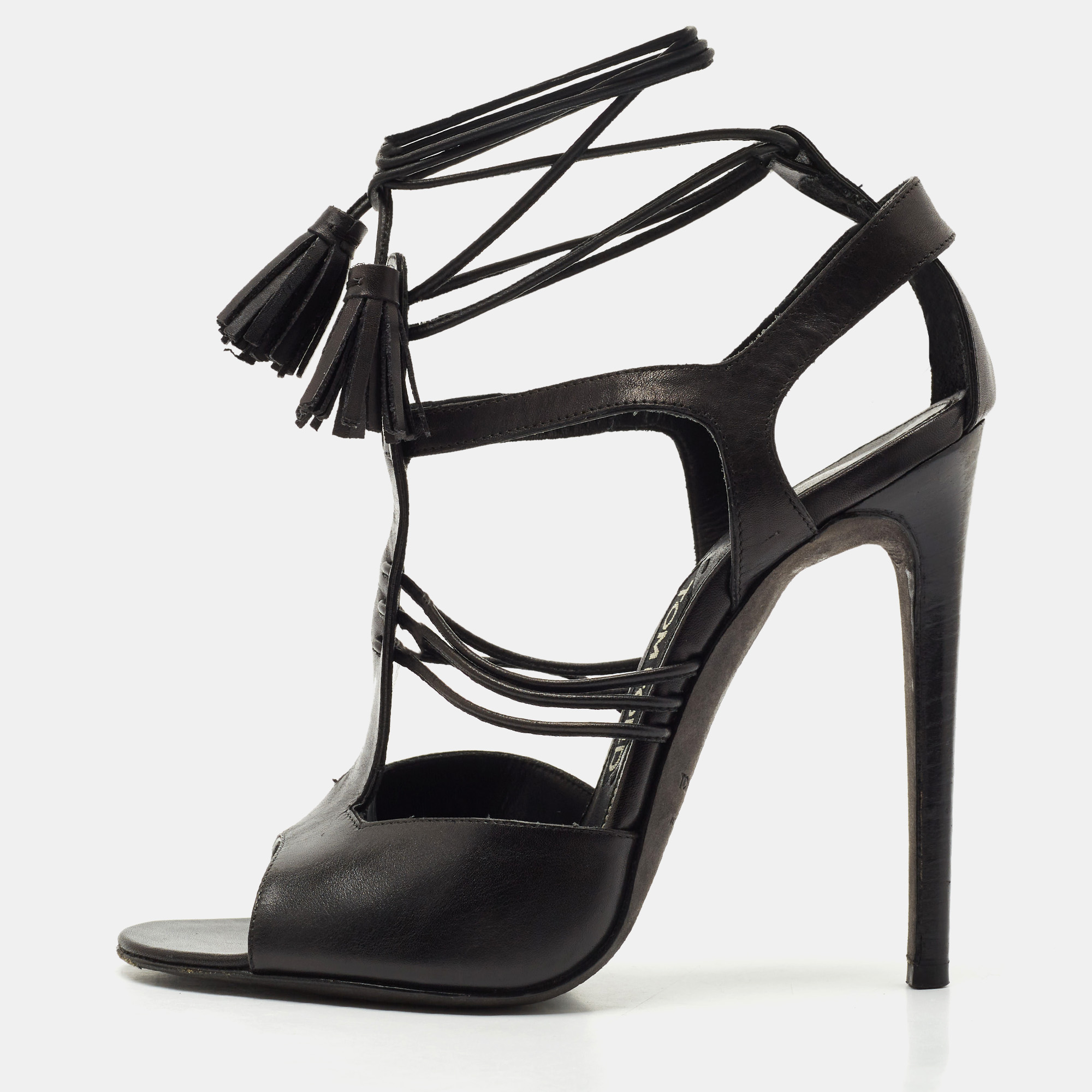 

Tom Ford Black Paneled Leather Ankle Strap Sandals Size