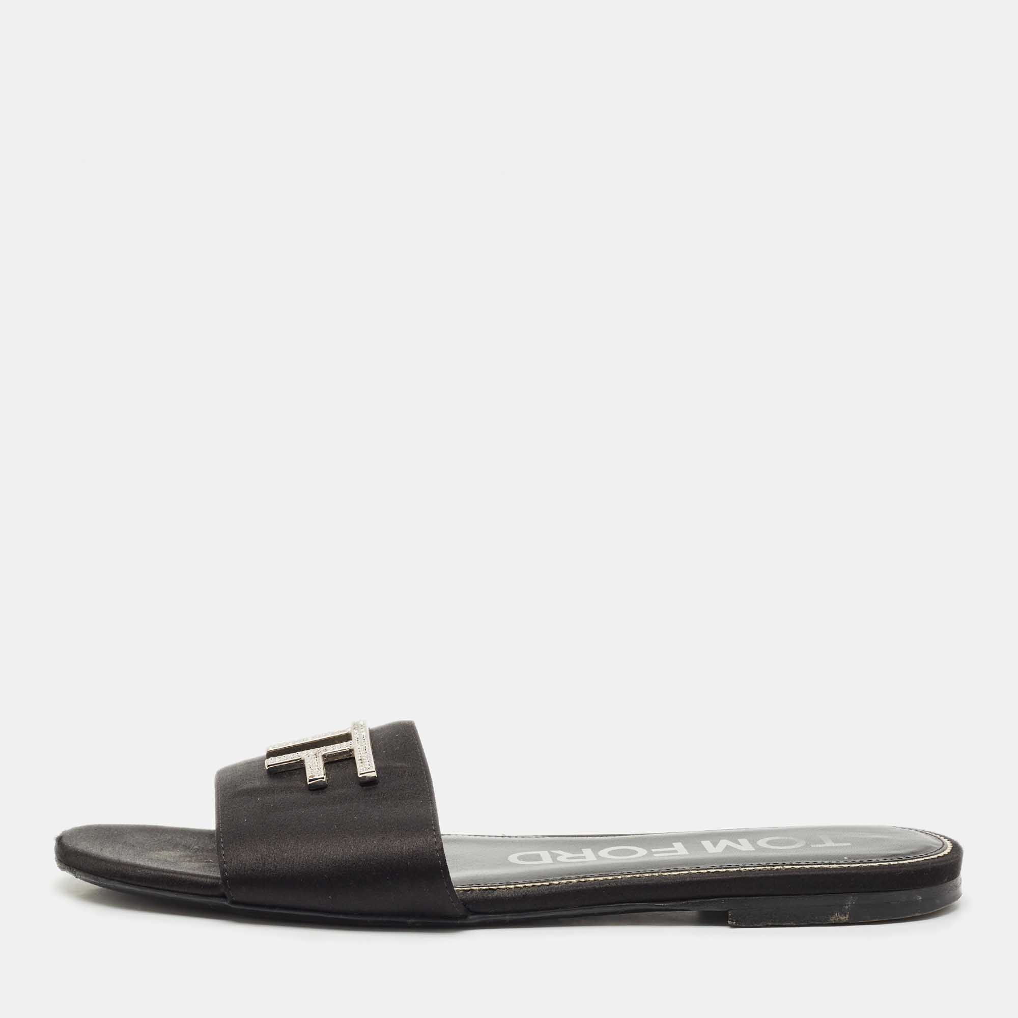 

Tom Ford Black Satin TF Flat Slides Size