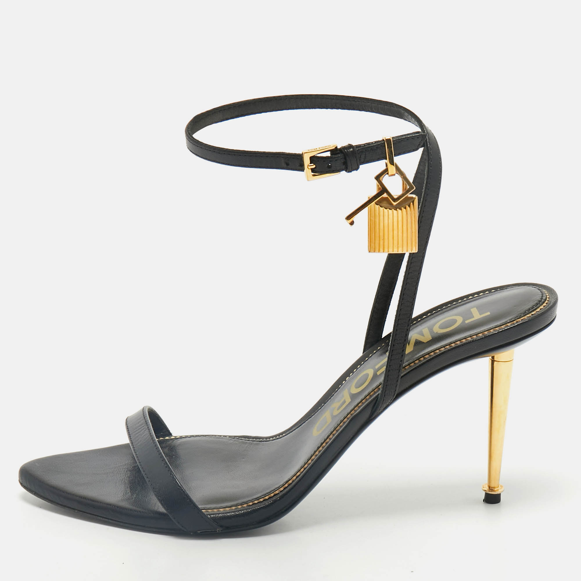 

Tom Ford Black Leather Padlock Ankle Strap Sandals Size