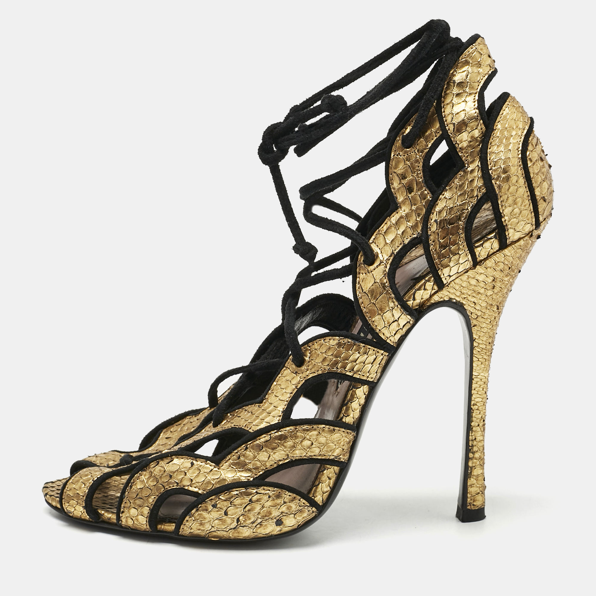 

Tom Ford Black/Gold Faux Snakeskin Leather Cutout Lace Up Sandals Size