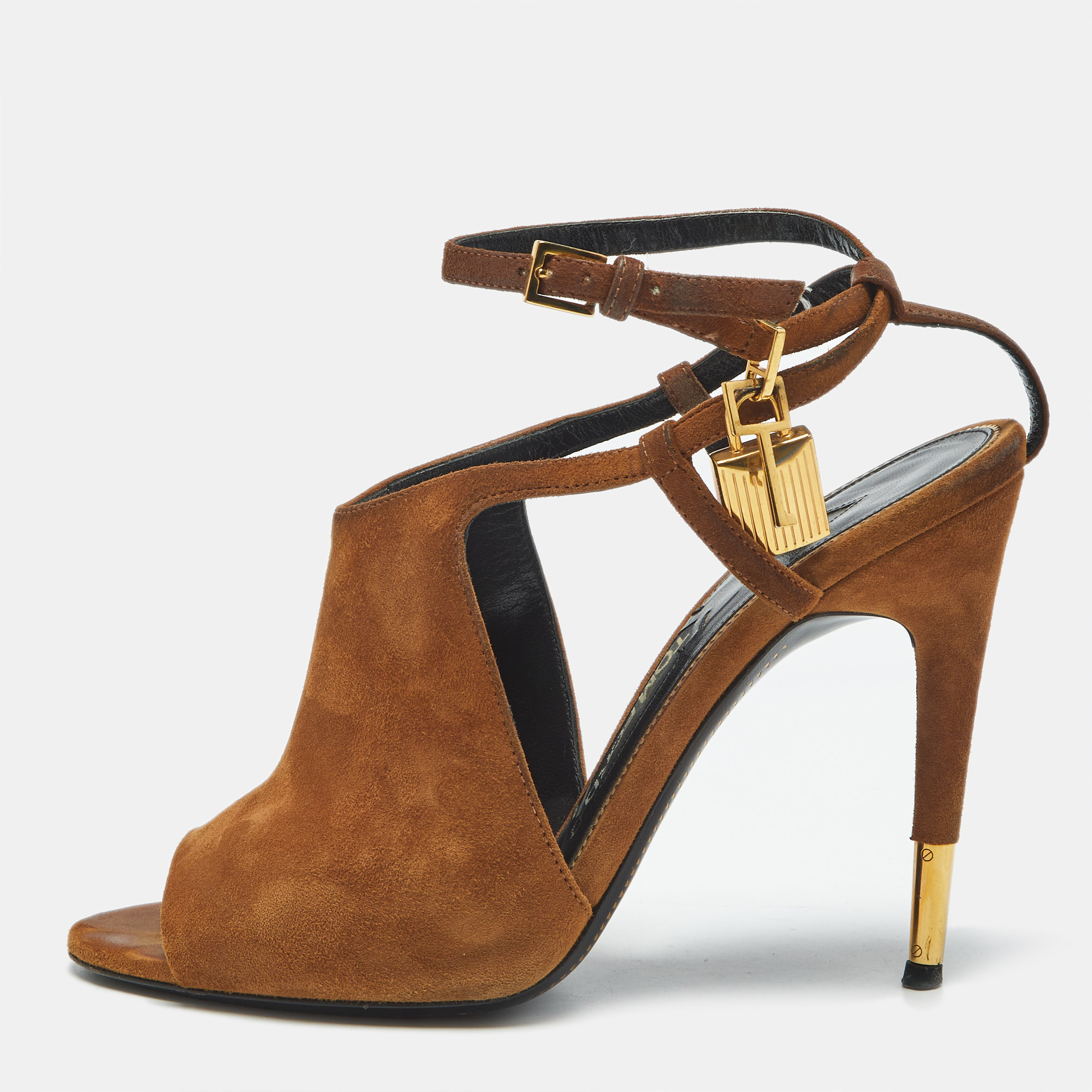 Pre-owned Tom Ford Brown Suede Padlock Ankle Wrap Open Toe Sandals Size 38.5