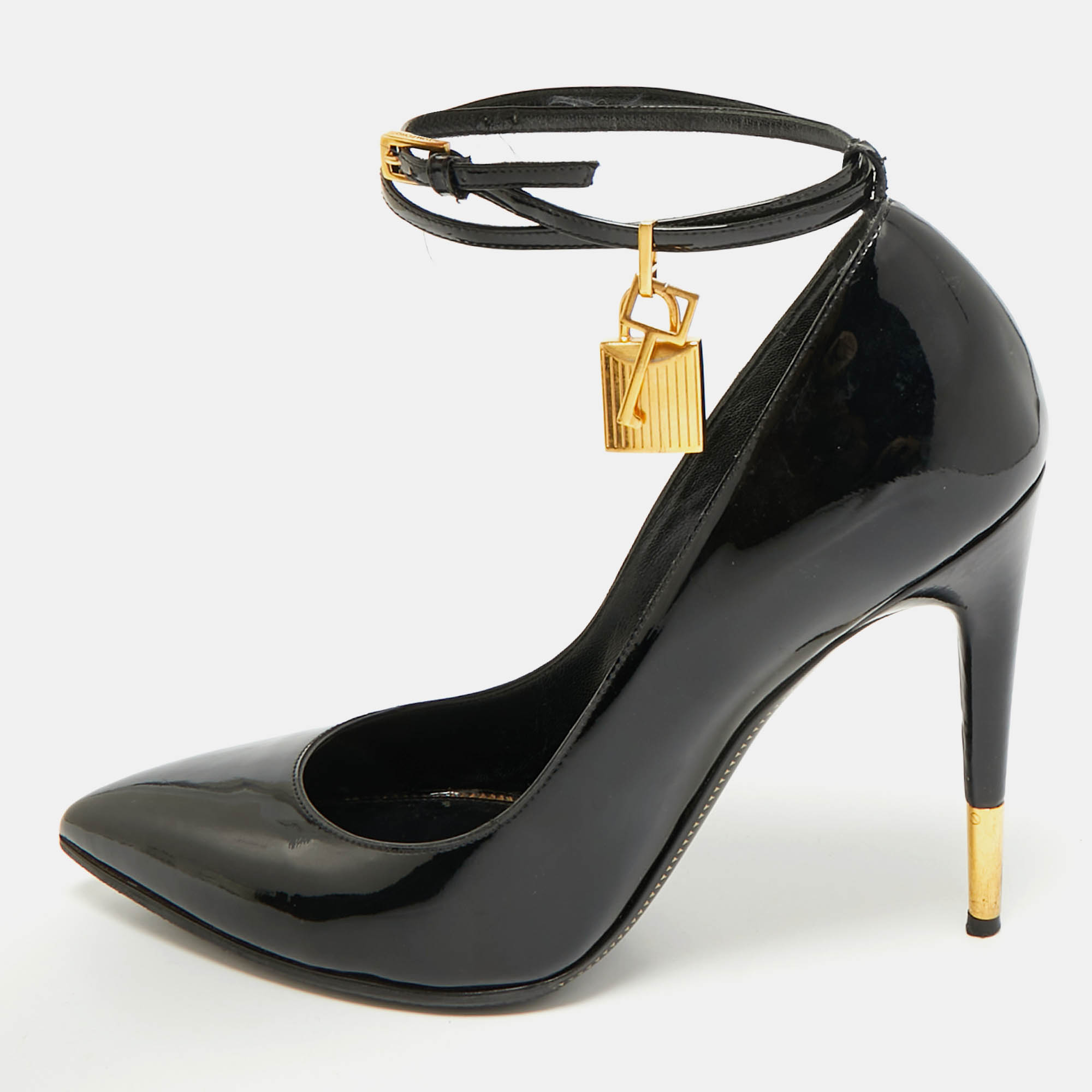 

Tom Ford Black Patent Leather Padlock Ankle Wrap Pointed Toe Pumps Size