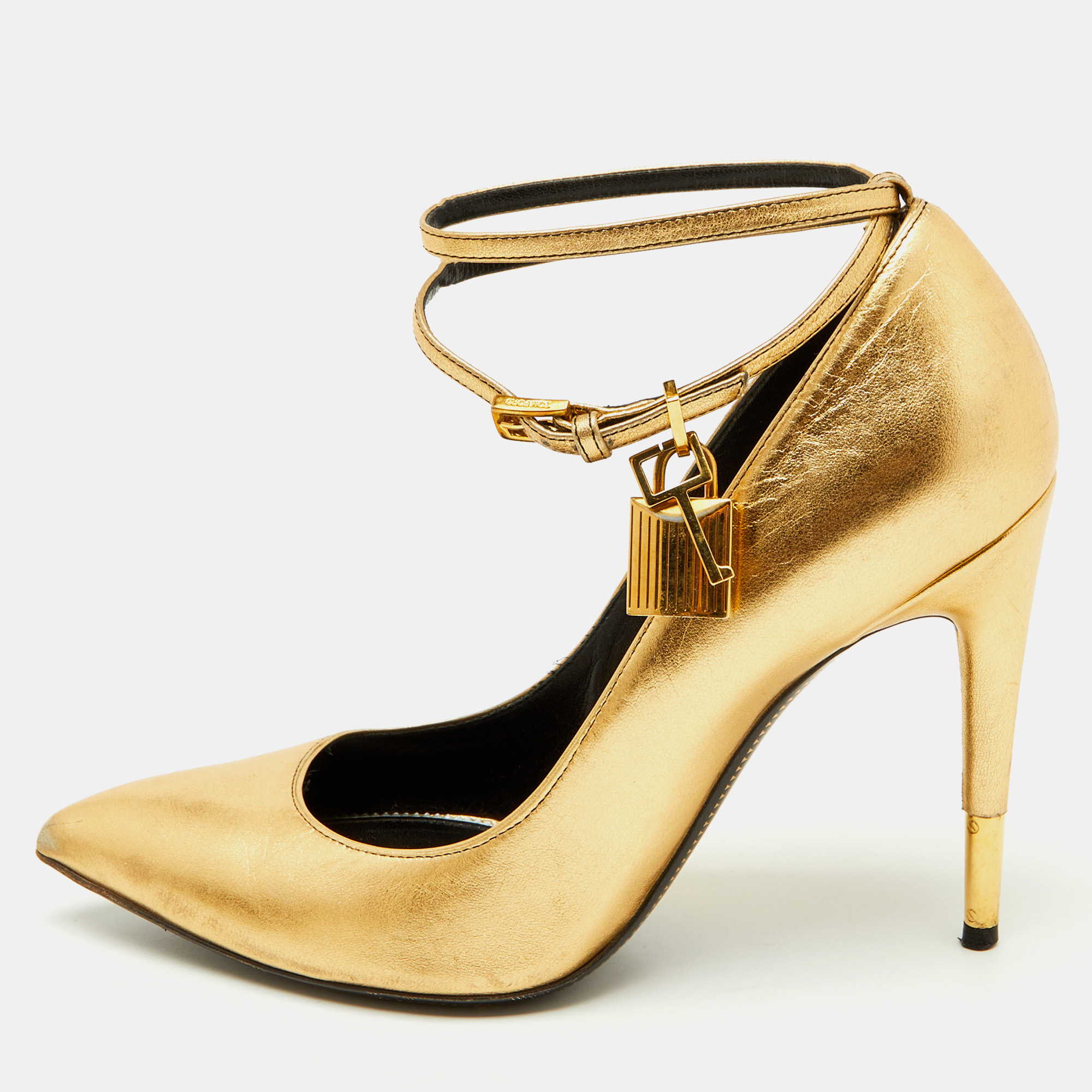 Pre-owned Tom Ford Metallic Gold Leather Padlock Pointed Toe Pumps Size 39