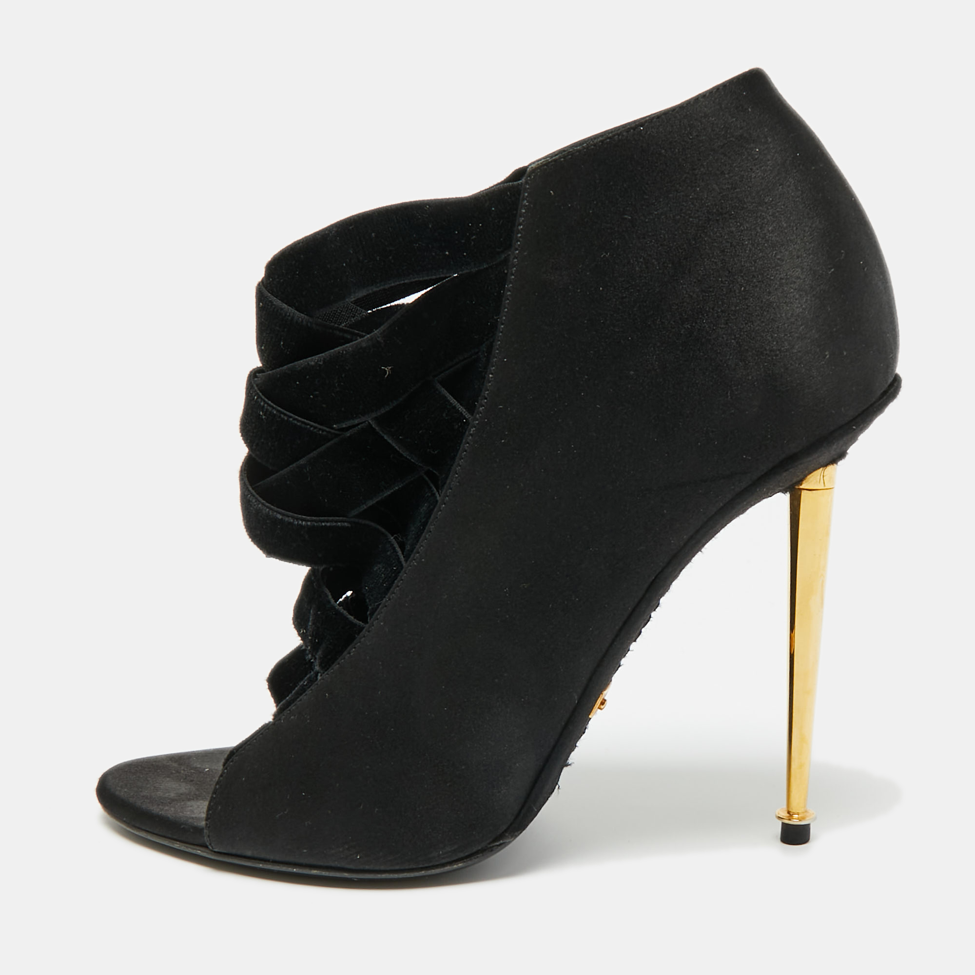 Pre-owned Tom Ford Black Satin Open Toe Ankle Booties Size 37.5
