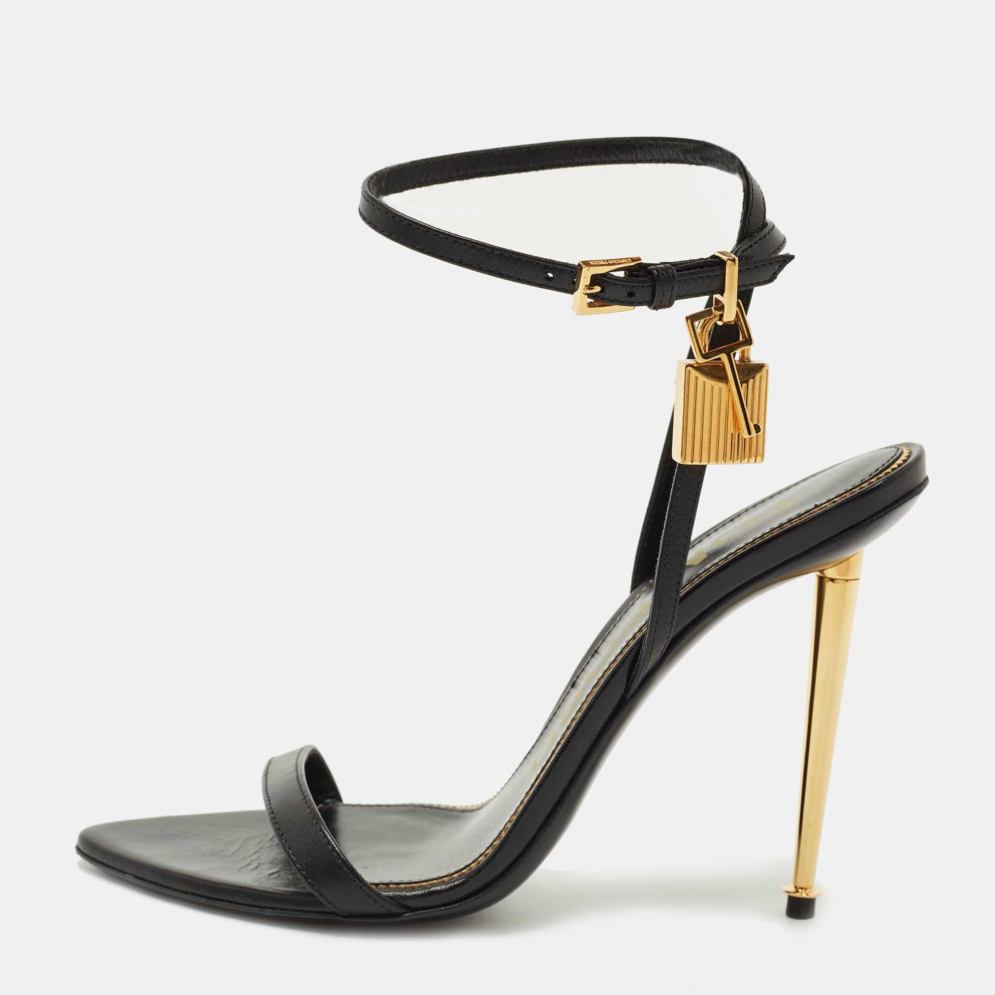Tom Ford Black Leather Padlock Ankle Strap Sandals Size 37.5