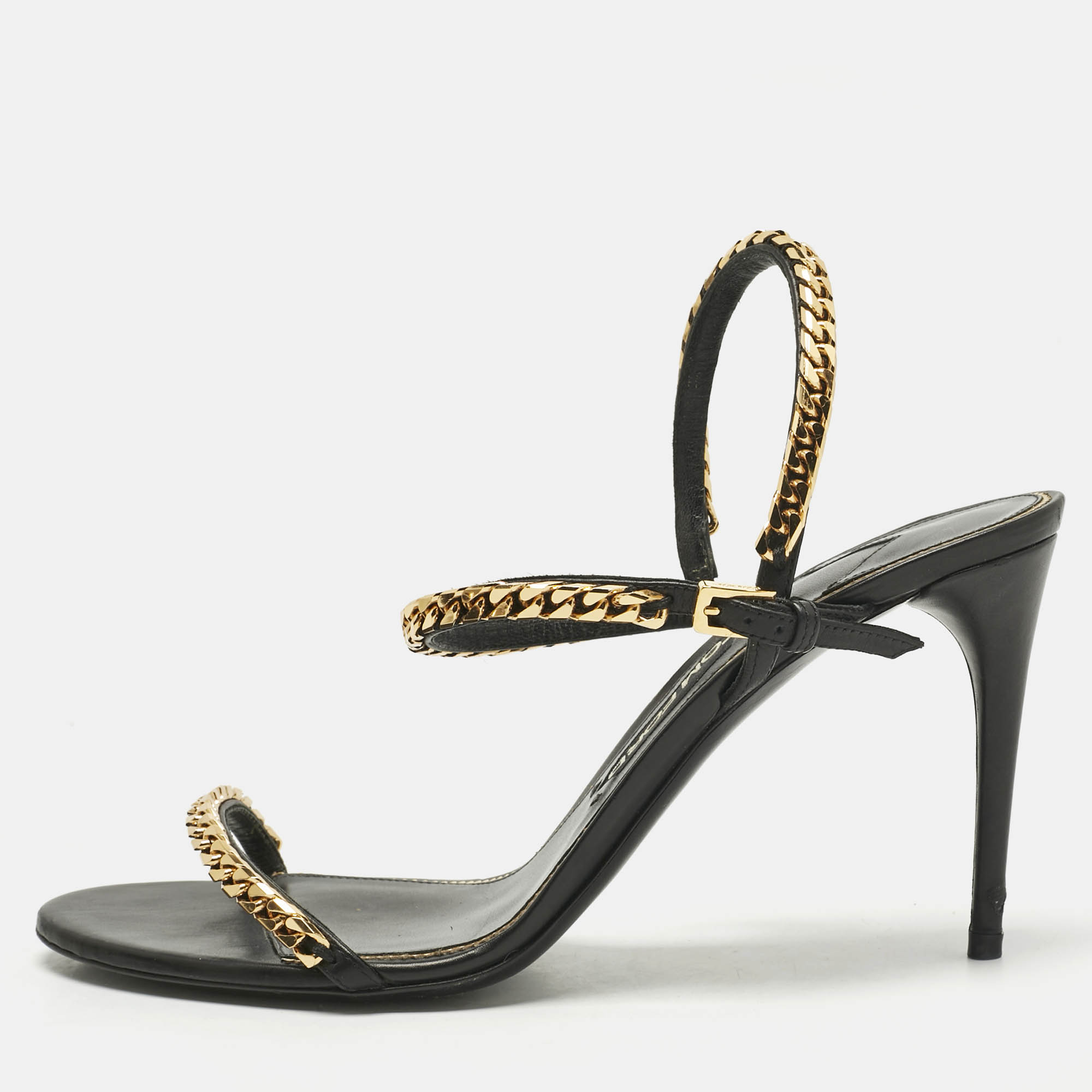 

Tom Ford Black Leather Chain Embellish Ankle Strap Sandals Size