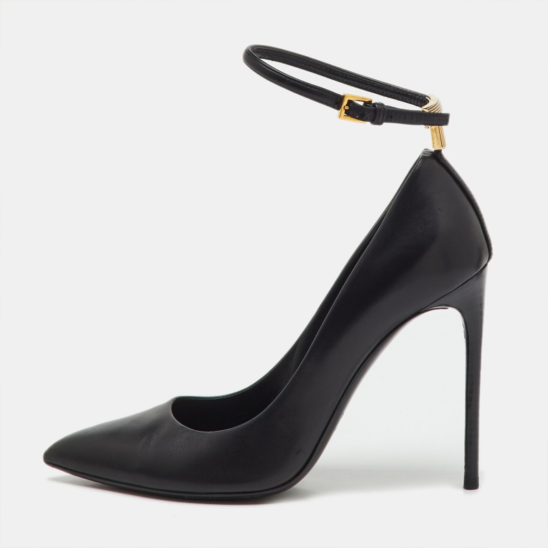 Pre-owned Tom Ford Black Leather Pointed Toe Ankle Strap Pumps Size 38