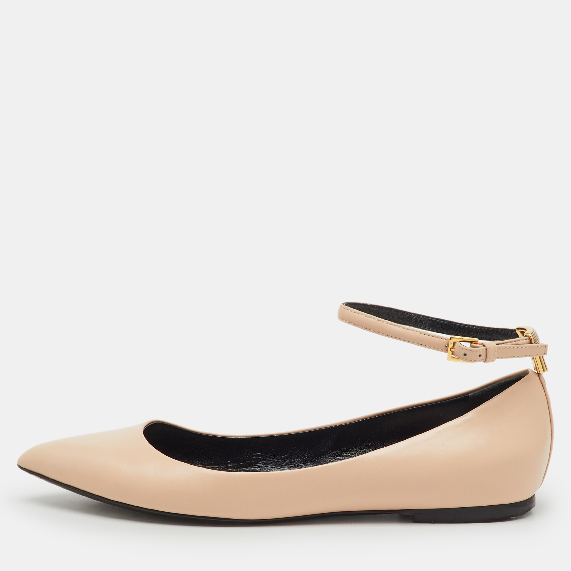 Pre-owned Tom Ford Beige Leather Pointed Toe Ankle Strap Ballet Flats Size 38 In Sand