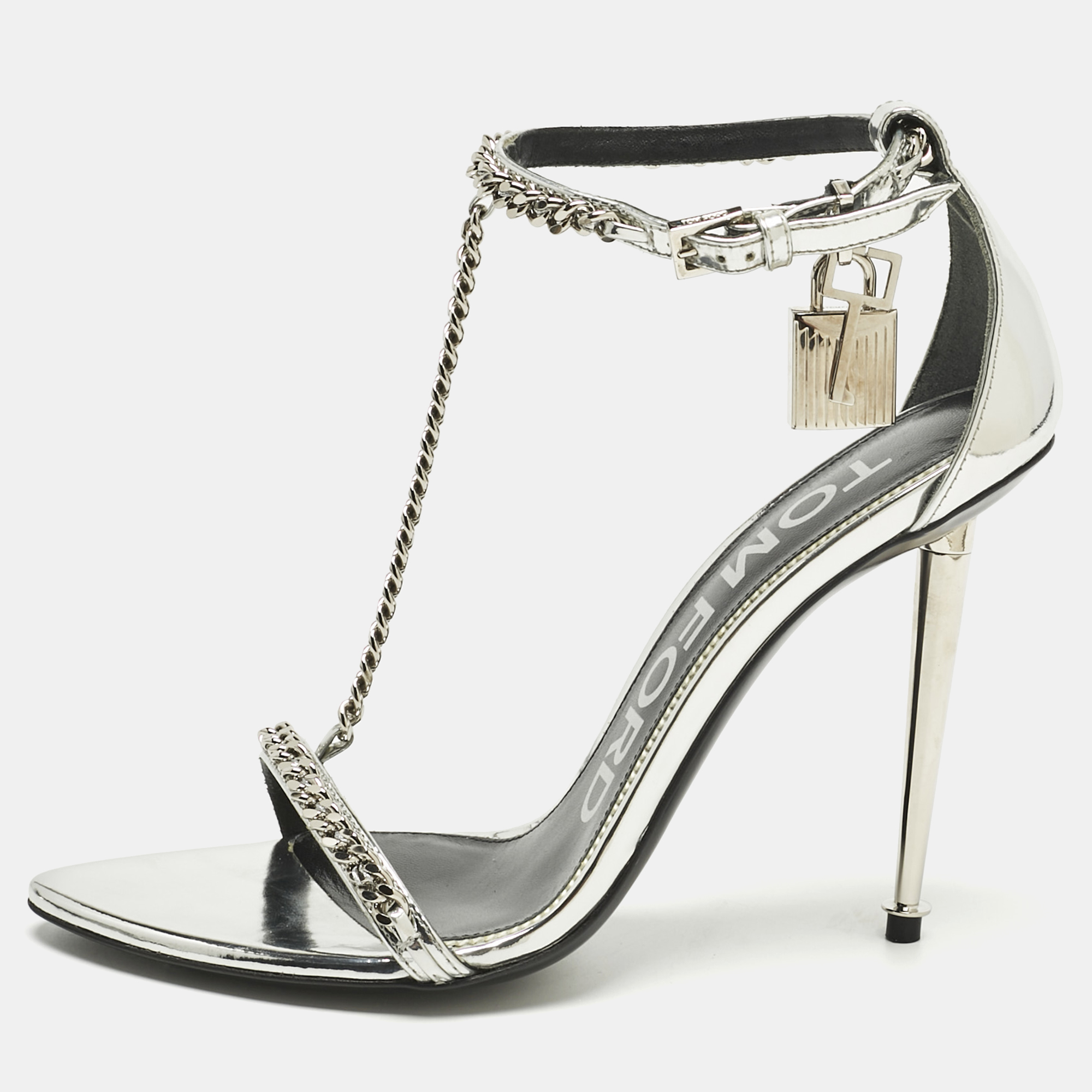 

Tom Ford Silver Patent Leather Padlock Chain Ankle Strap Sandals Size