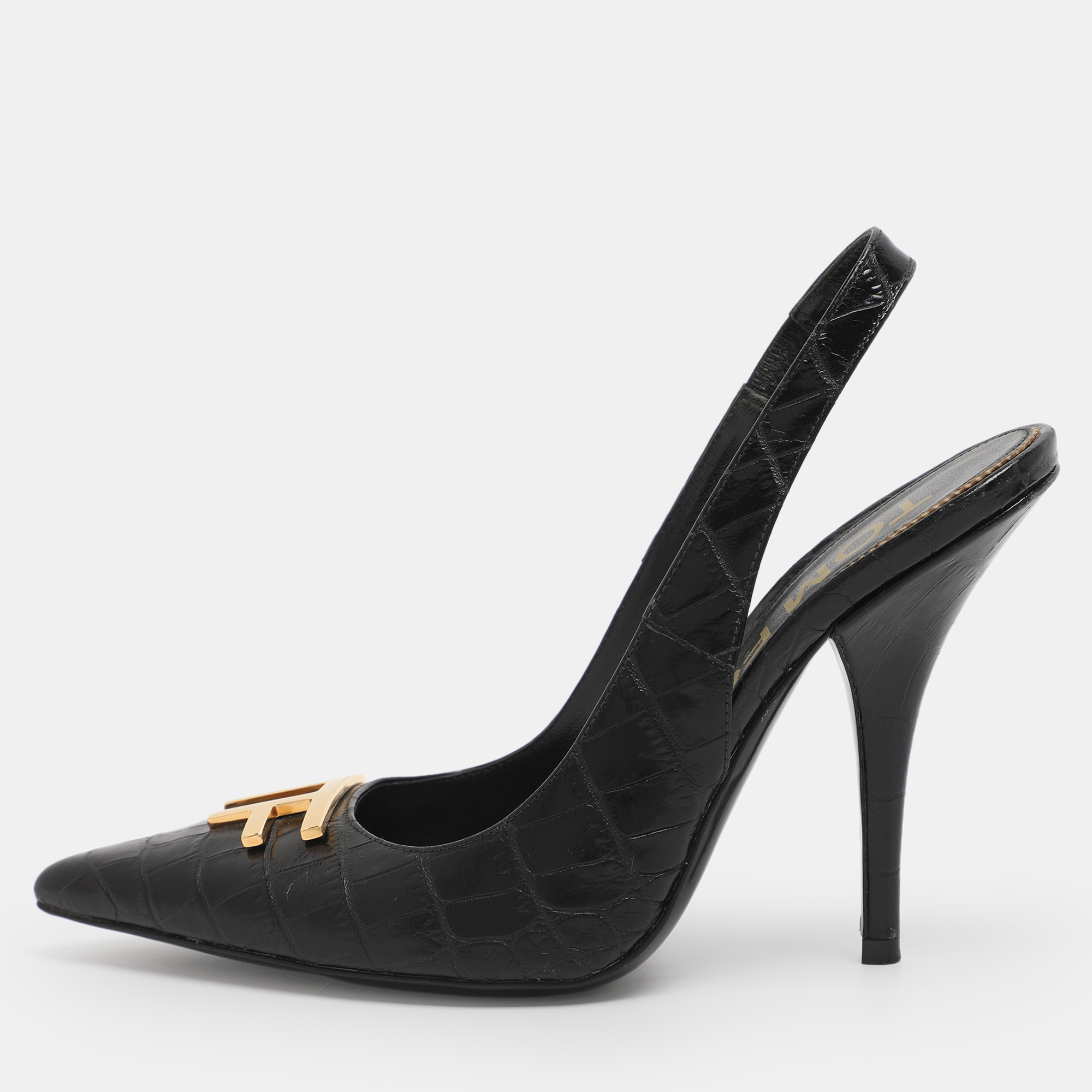 

Tom Ford Black Croc Embossed Leather Slingback Pumps Size 37