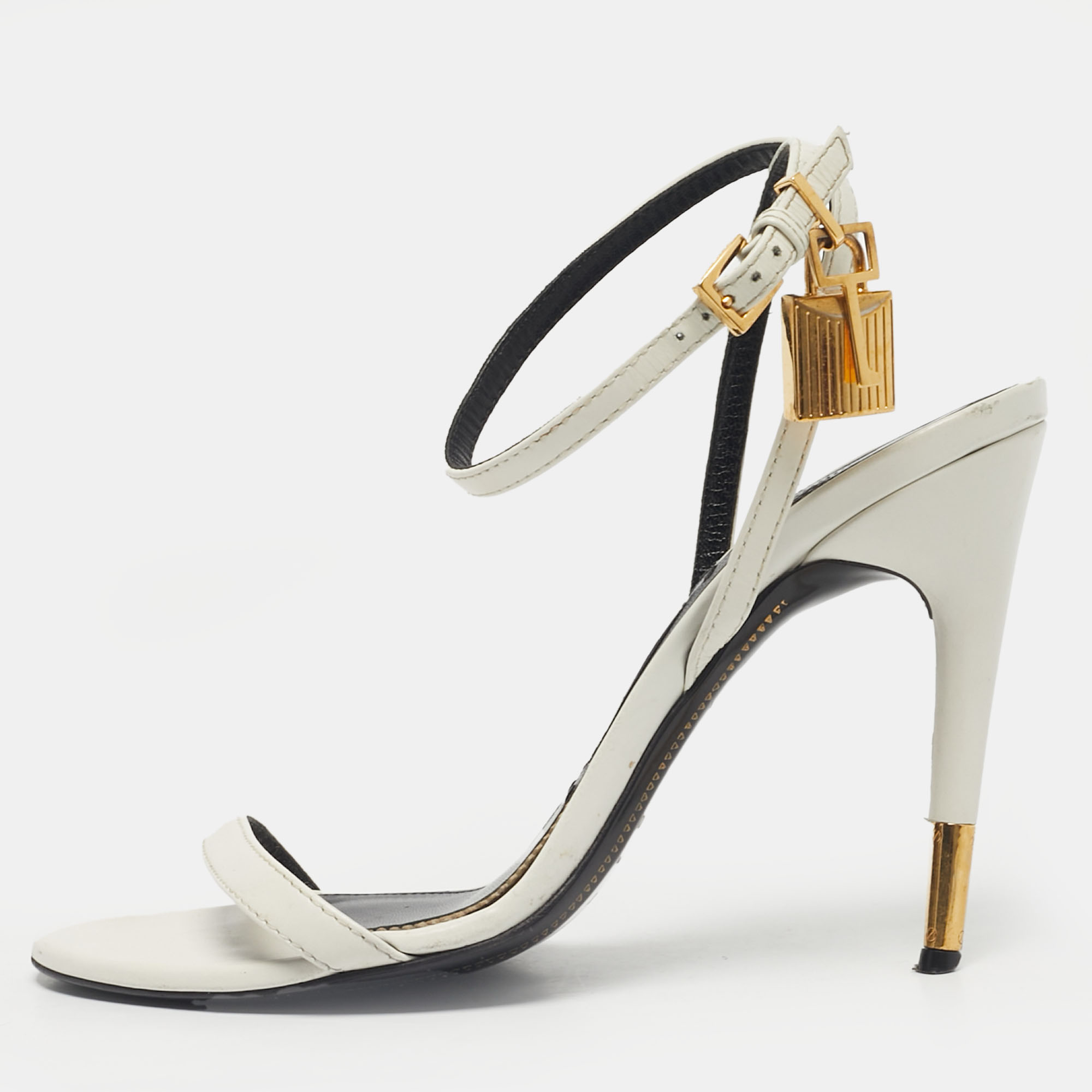 Pre-owned Tom Ford White Leather Padlock Chain Ankle Strap Sandals Size 37.5