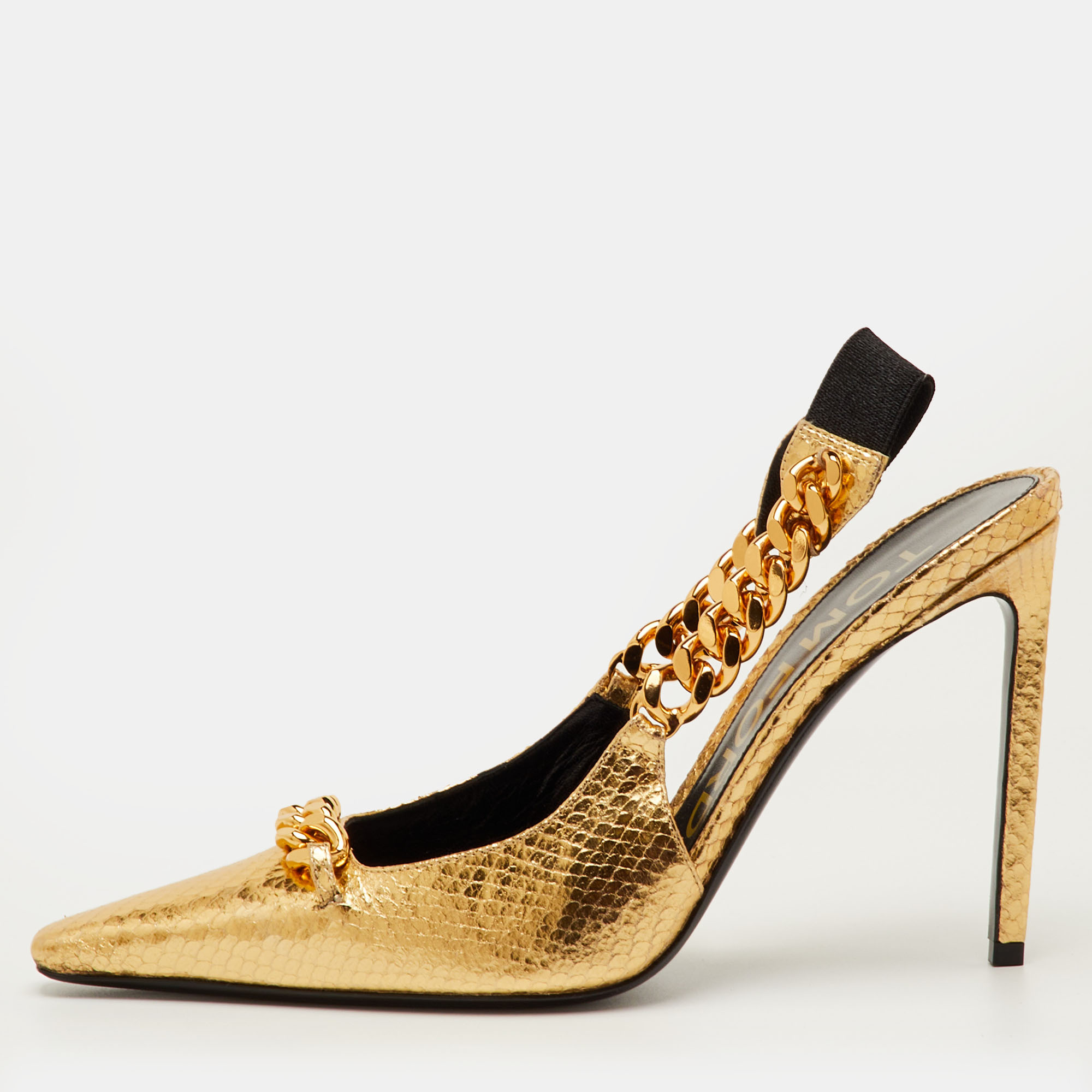 Pre-owned Tom Ford Size 40.5 Gold Python Embossed Leather Chain Link Slingback Pumps