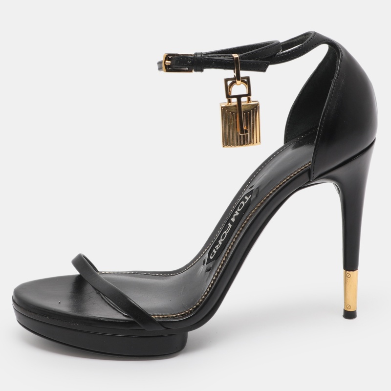 Pre-owned Tom Ford Padlock Size 37 Black Leather Ankle Strap Sandals