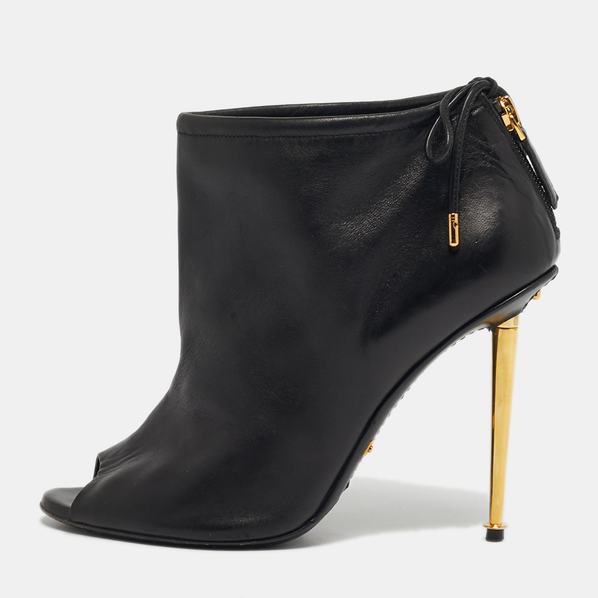 Pre-owned Tom Ford Size 38 Black Leather Peep Toe Ankle Length Boots