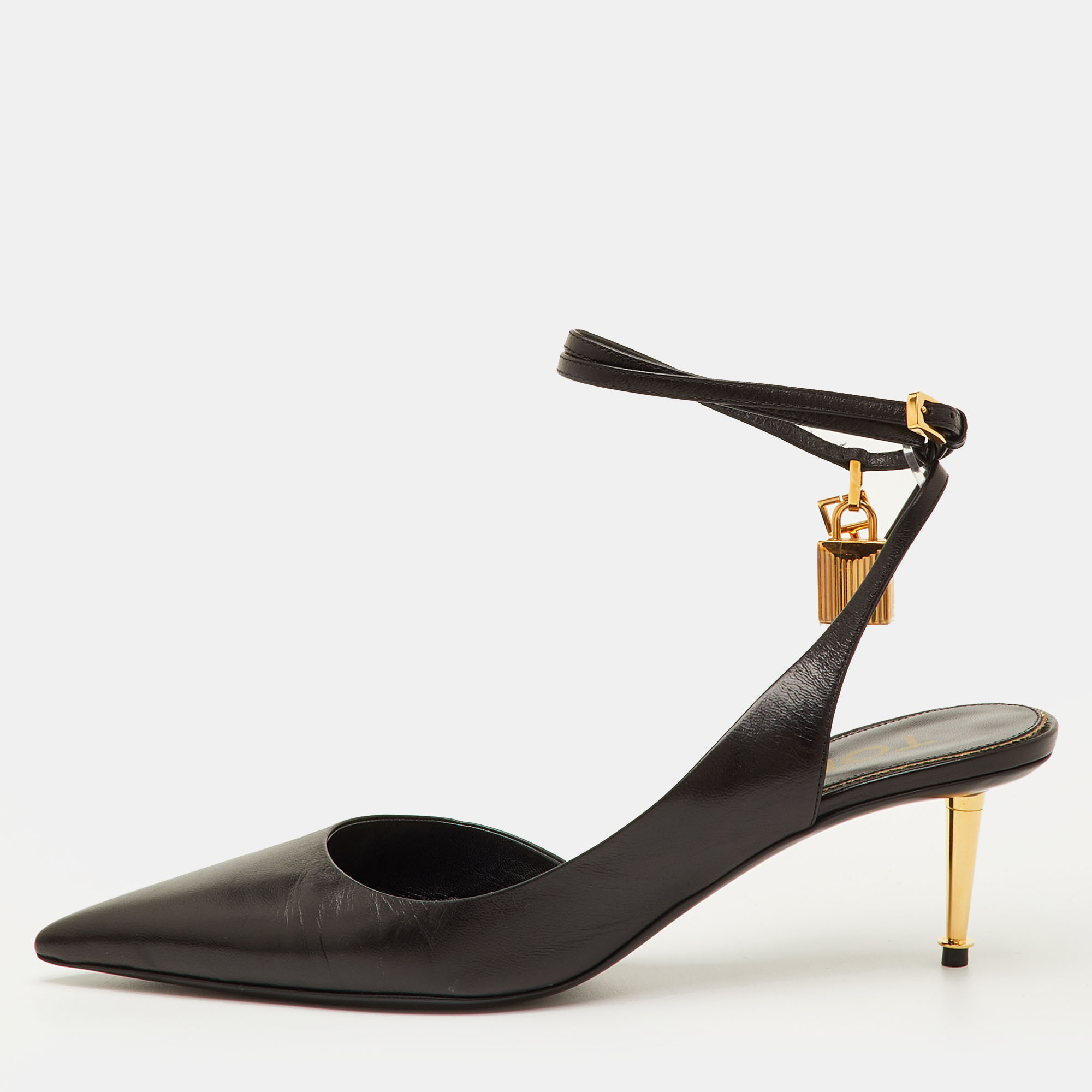 Pre-owned Tom Ford Padlock Size 40 Black Leather Pointed Toe Ankle Strap Pumps