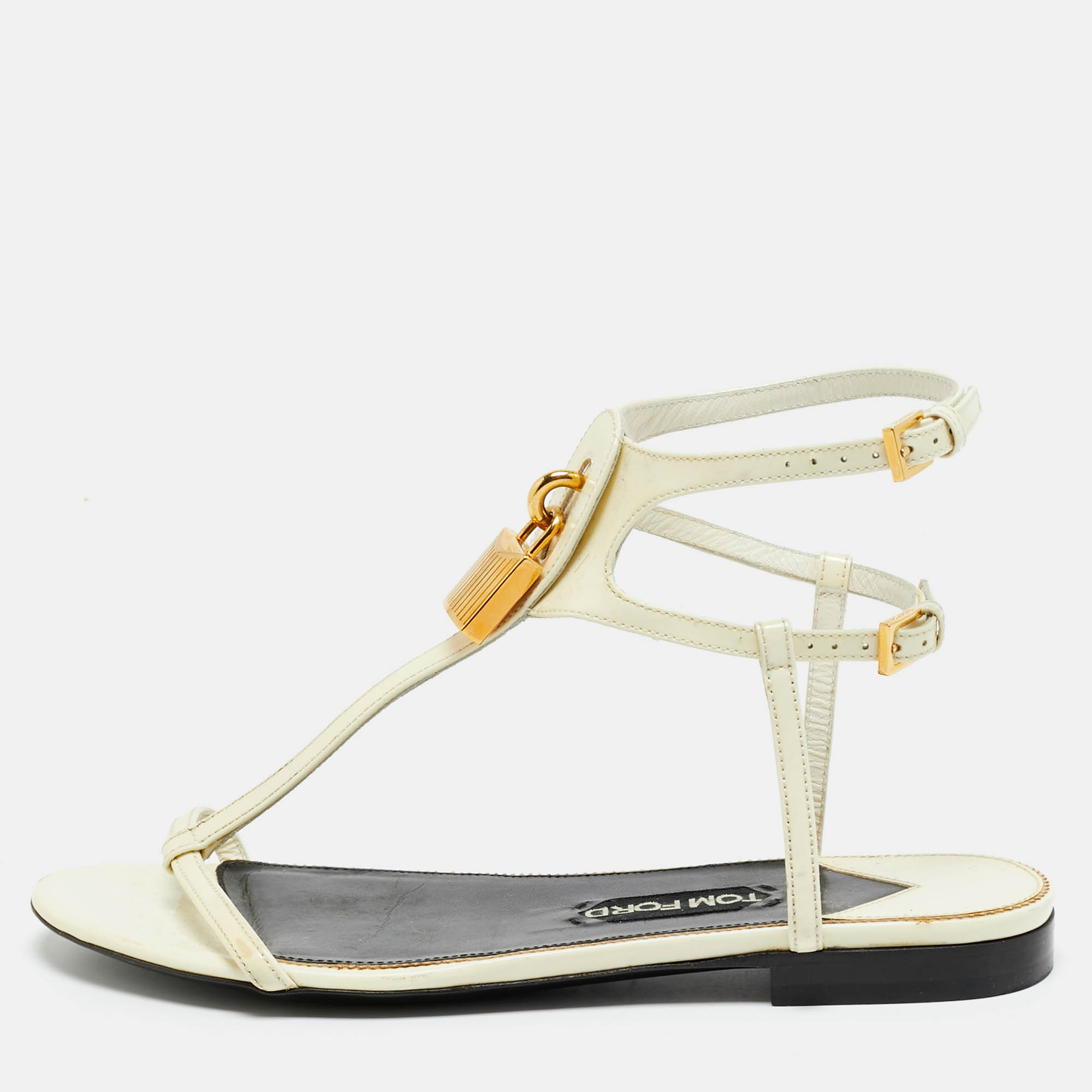 

Tom Ford Padlock Size  White Patent Leather Ankle Strap Flats