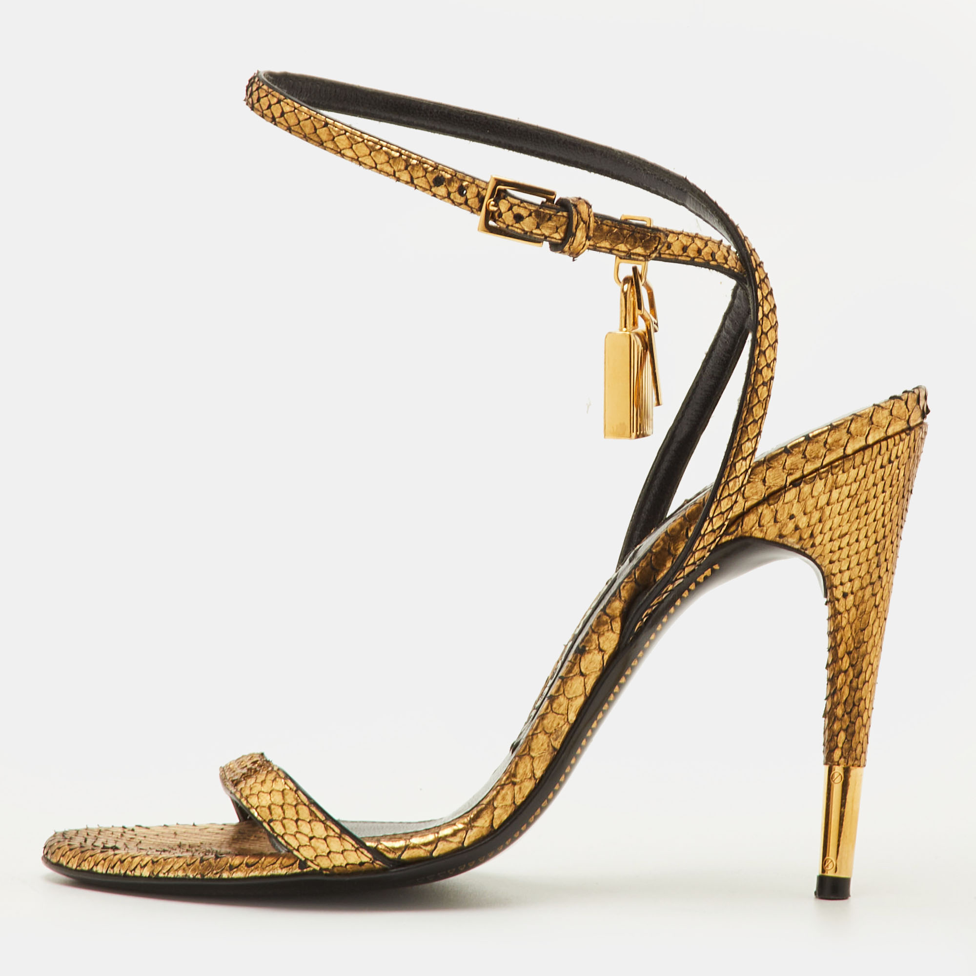 

Tom Ford Padlock Size  Gold Snakeskin Ankle Strap Sandals