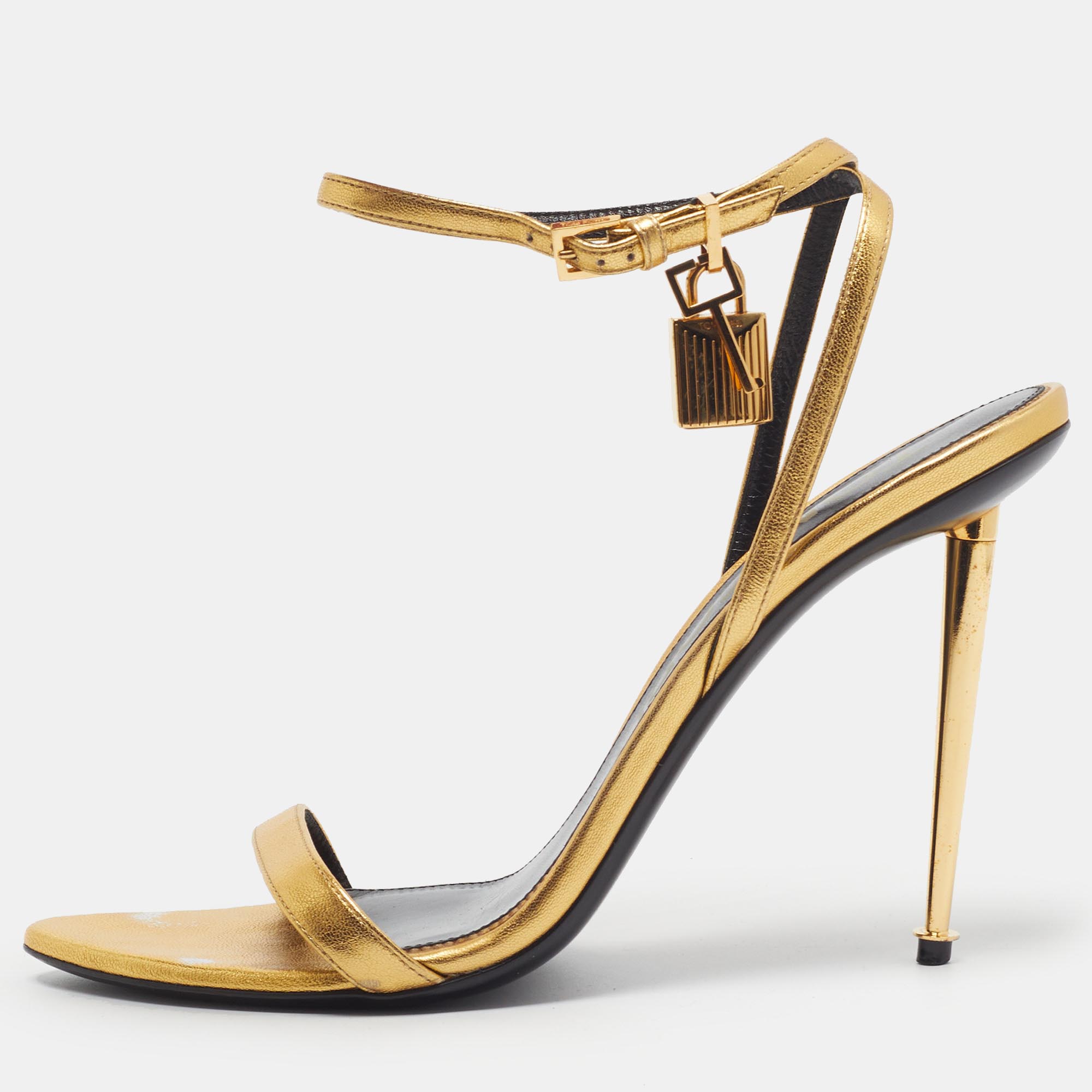 

Tom Ford Padlock Size  Gold Leather Ankle Strap Sandals