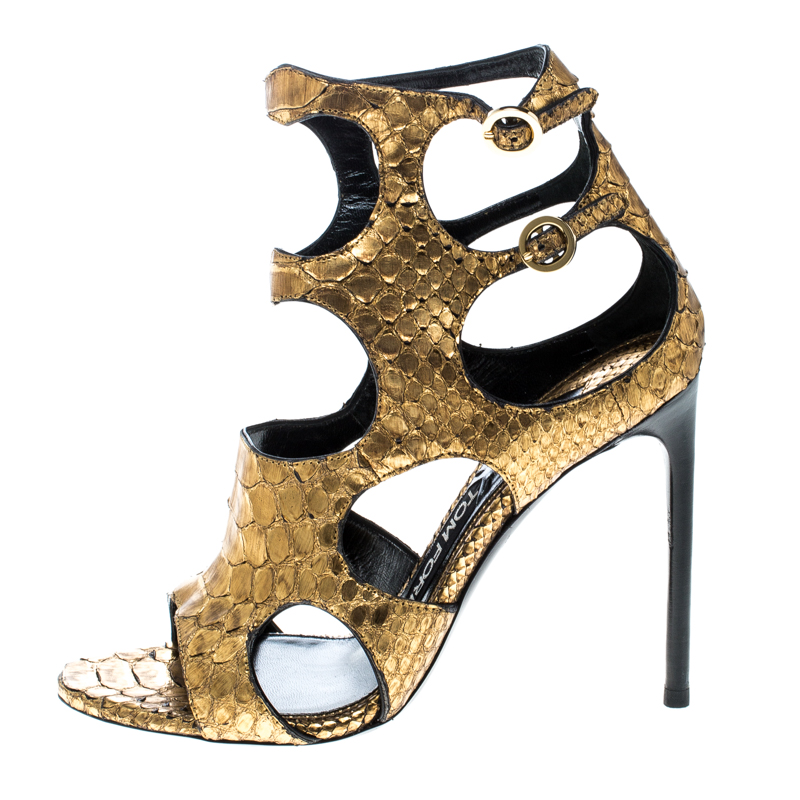 

Tom Ford Metallic Gold Python Leather Peep Toe Cutout Sandals Size