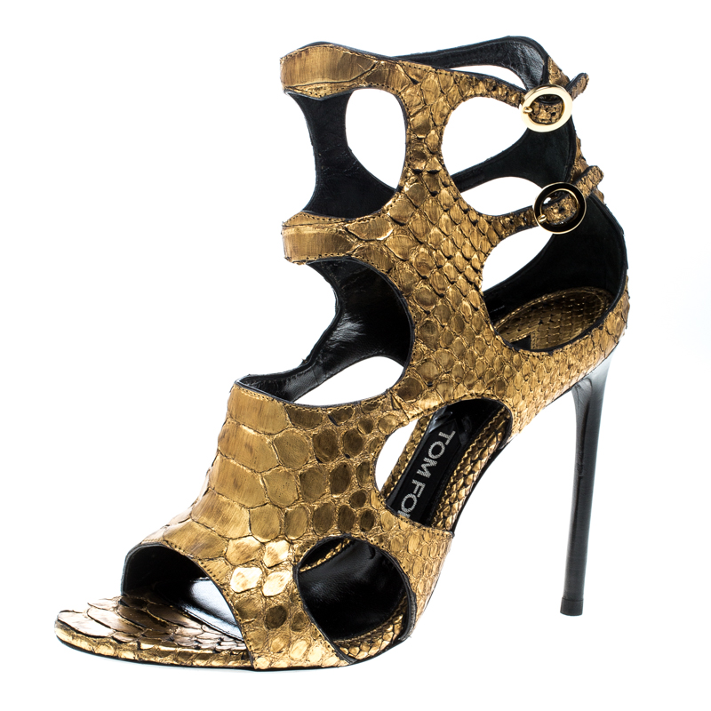 Tom Ford Metallic Gold Python Leather Peep Toe Cutout Sandals Size 36.5