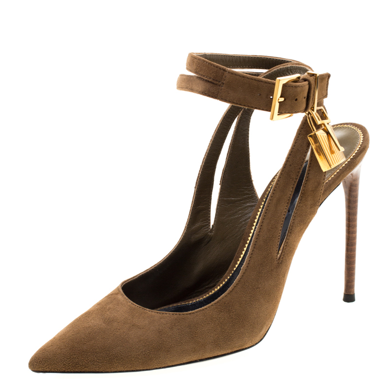 Tom Ford Brown Suede Padlock Ankle Strap Sandals Size 38.5