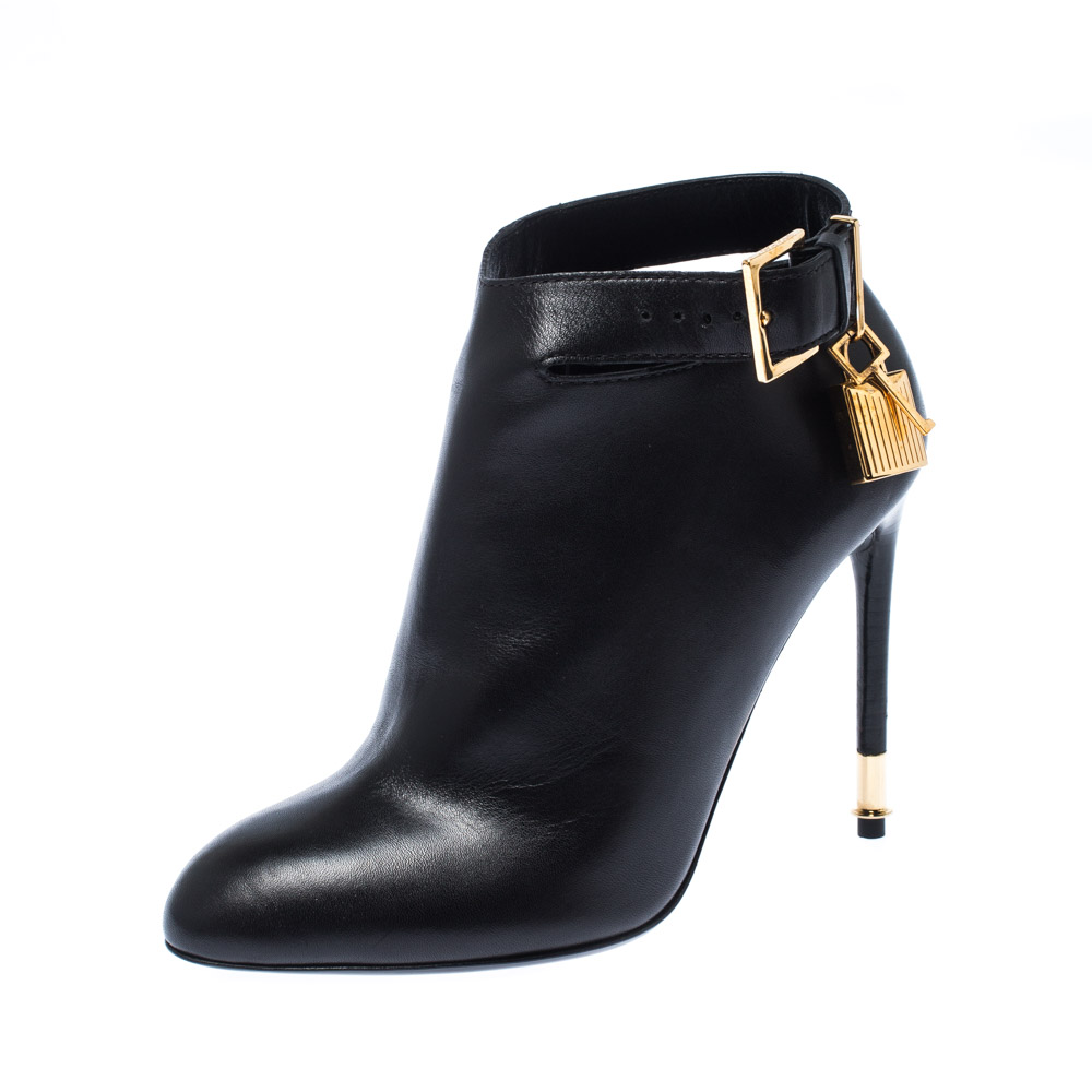 Tom Fod Black Leather Padlock Charm Pointed Toe Booties Size 35