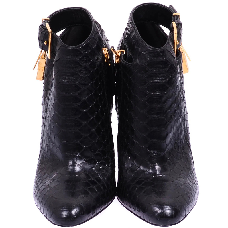 

Tom Ford Black Python Ankle Heeled Boots W/ Gold Lock Size