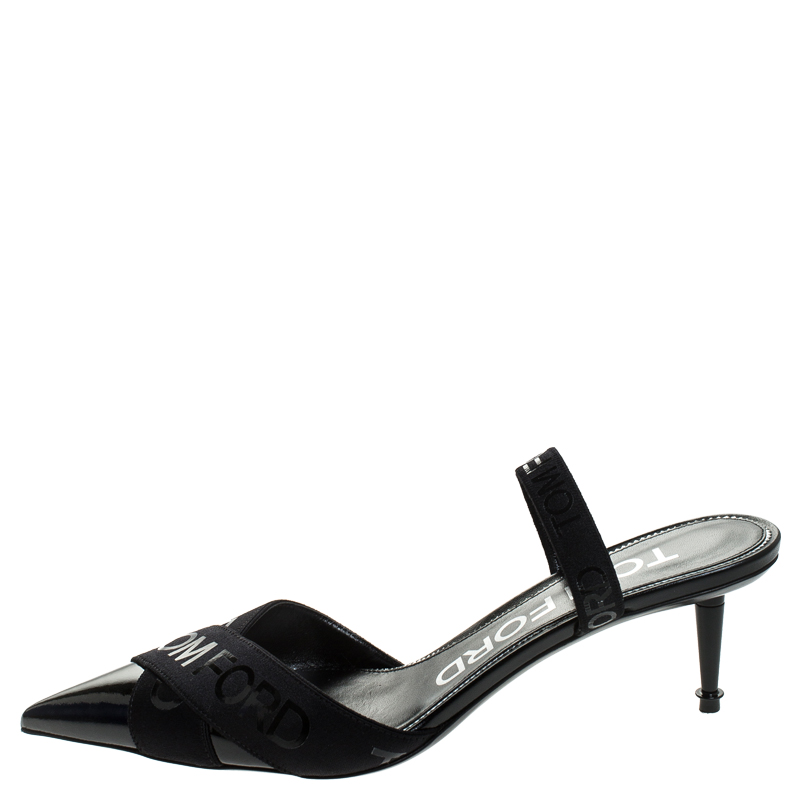 

Tom Ford Black Patent Leather And Stretch Fabric Printed Logo Slingback Sandals Size