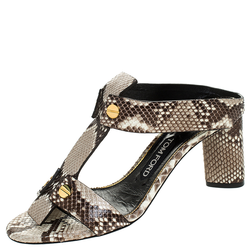 Tom Ford Multicolor Python Leather T-Strap Open Toe Slide Sandals Size 37.5
