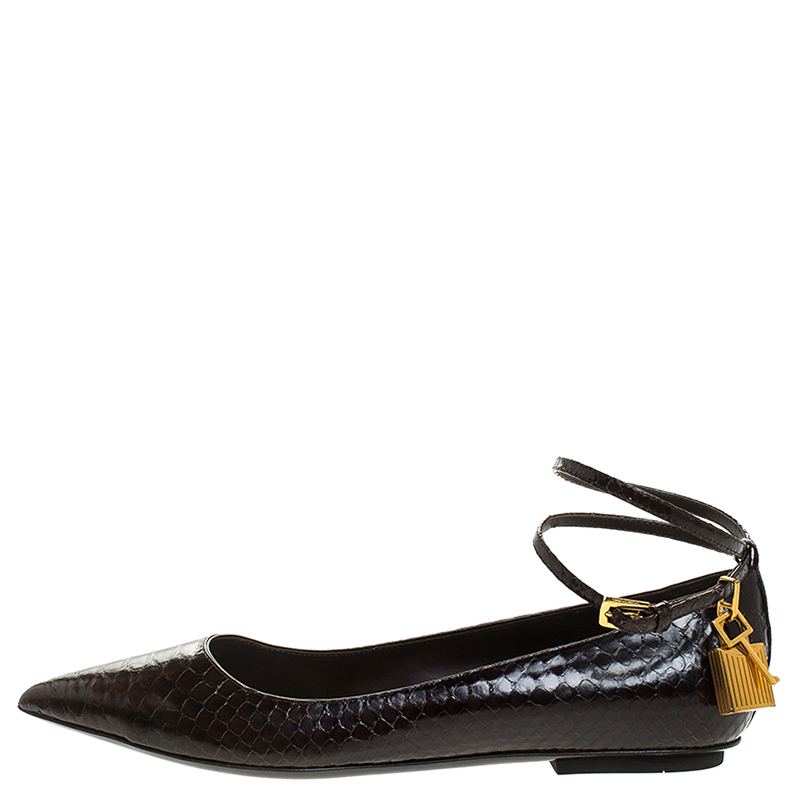 

Tom Ford Brown Python Embossed Leather Padlock Ankle Wrap Pointed Toe Flats Size