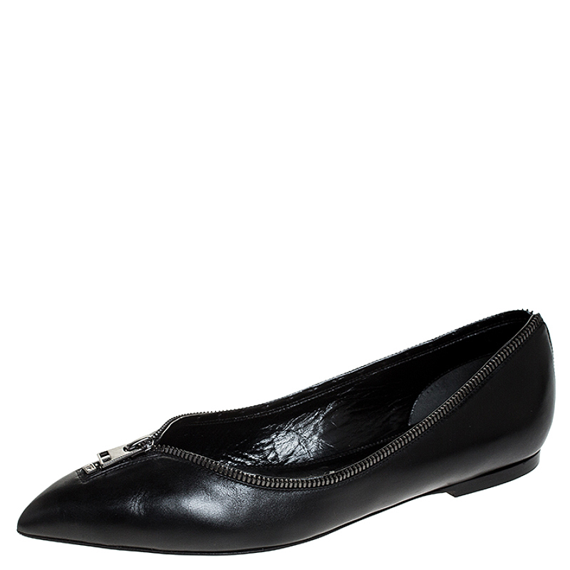 Tom Ford Black Leather Zipper Trim And Zip Detail Pointed Toe Ballet Flats Size 39