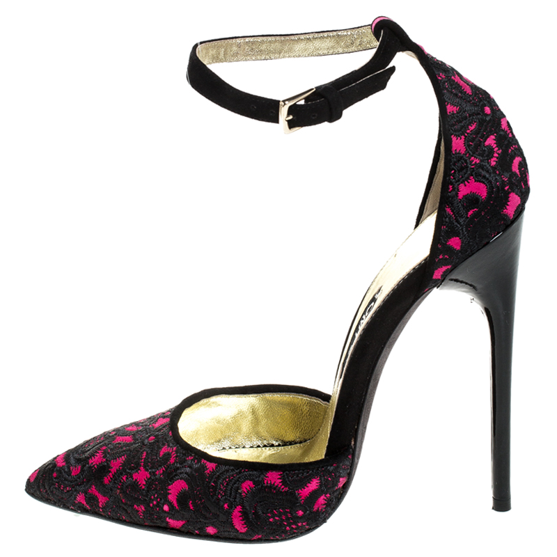 

Tom Ford Pink/Black Embroidered Suede D'Orsay Pointed Toe Ankle Strap Pumps Size