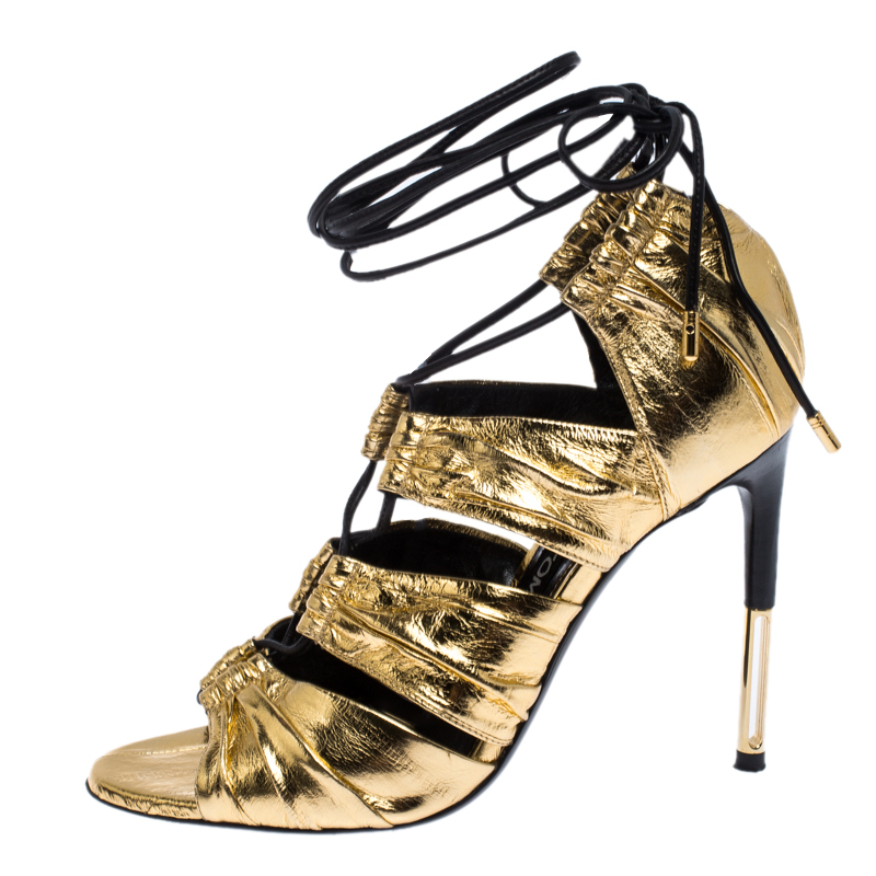 

Tom Ford Metallic Gold Leather Stardust Lace Up Cage Sandals Size