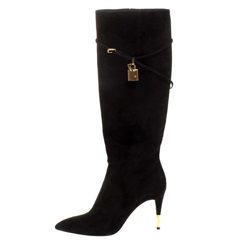 

Tom Ford Black Suede Leather Lock Strap Knee Length Boots Size