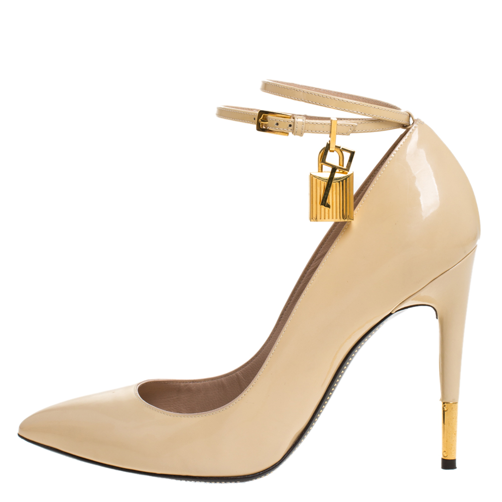 

Tom Ford Beige Patent Leather Padlock Ankle Wrap Pointed Toe Pumps Size