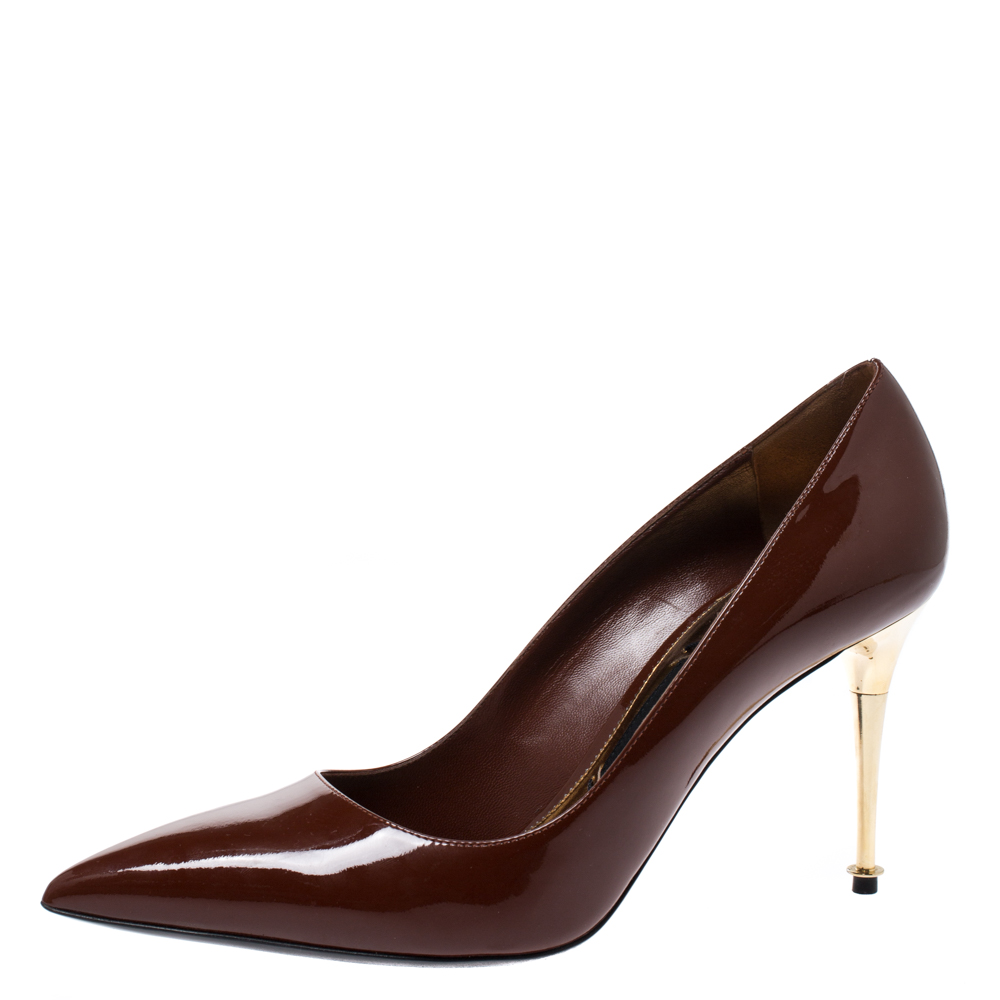 

Tom Ford Pumpkin Brown Patent Leather Gold Pin Heels Pointed Pumps Size