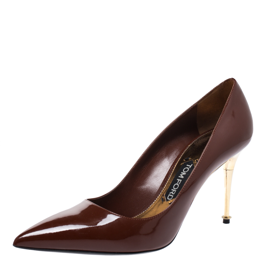 Tom Ford Pumpkin Brown Patent Leather Gold Pin Heels Pointed Pumps Size 41 Tom  Ford | TLC