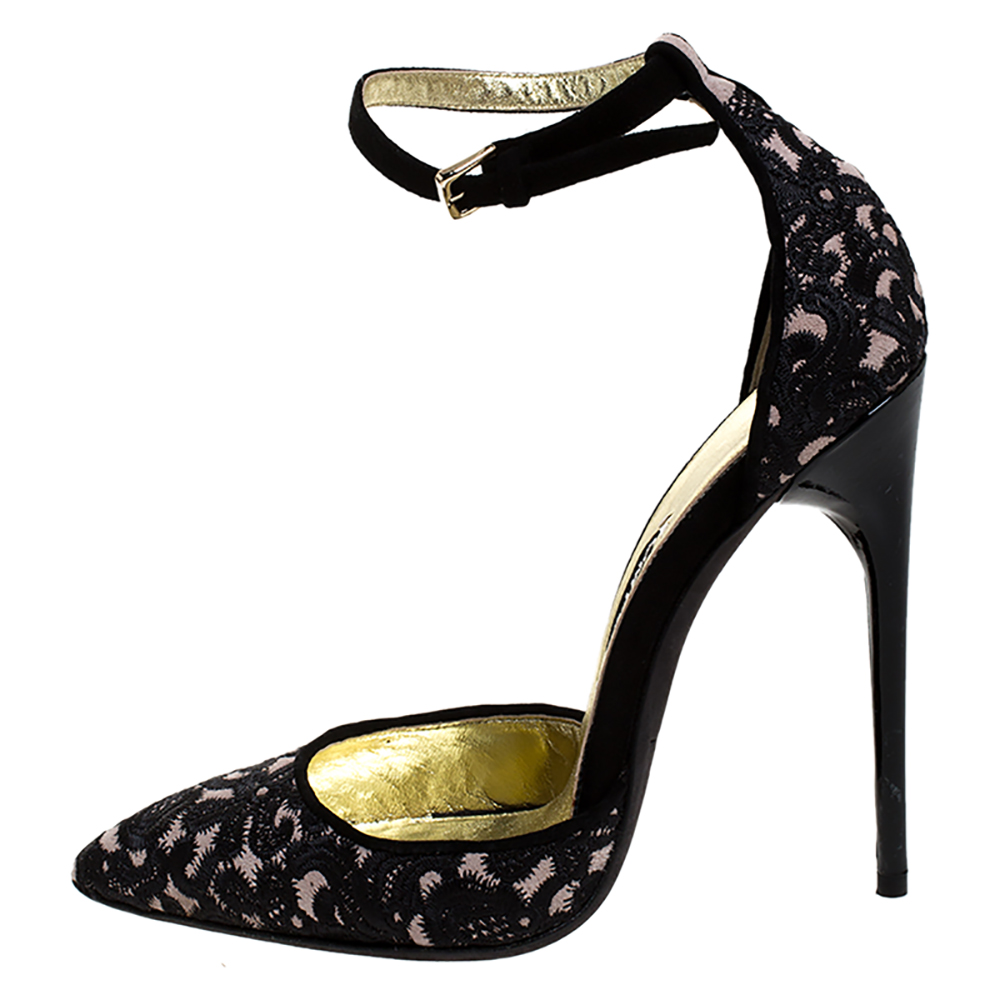 

Tom Ford Beige/Black Embroidered Suede D'Orsay Pointed Toe Ankle Strap Pumps Size