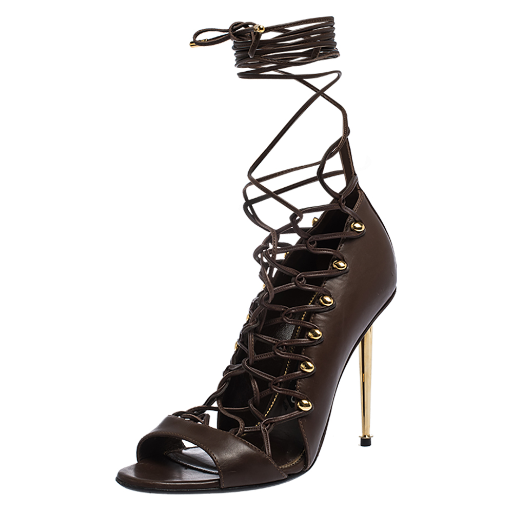 Tom Ford Brown Leather Lace Up Sandals Size 38