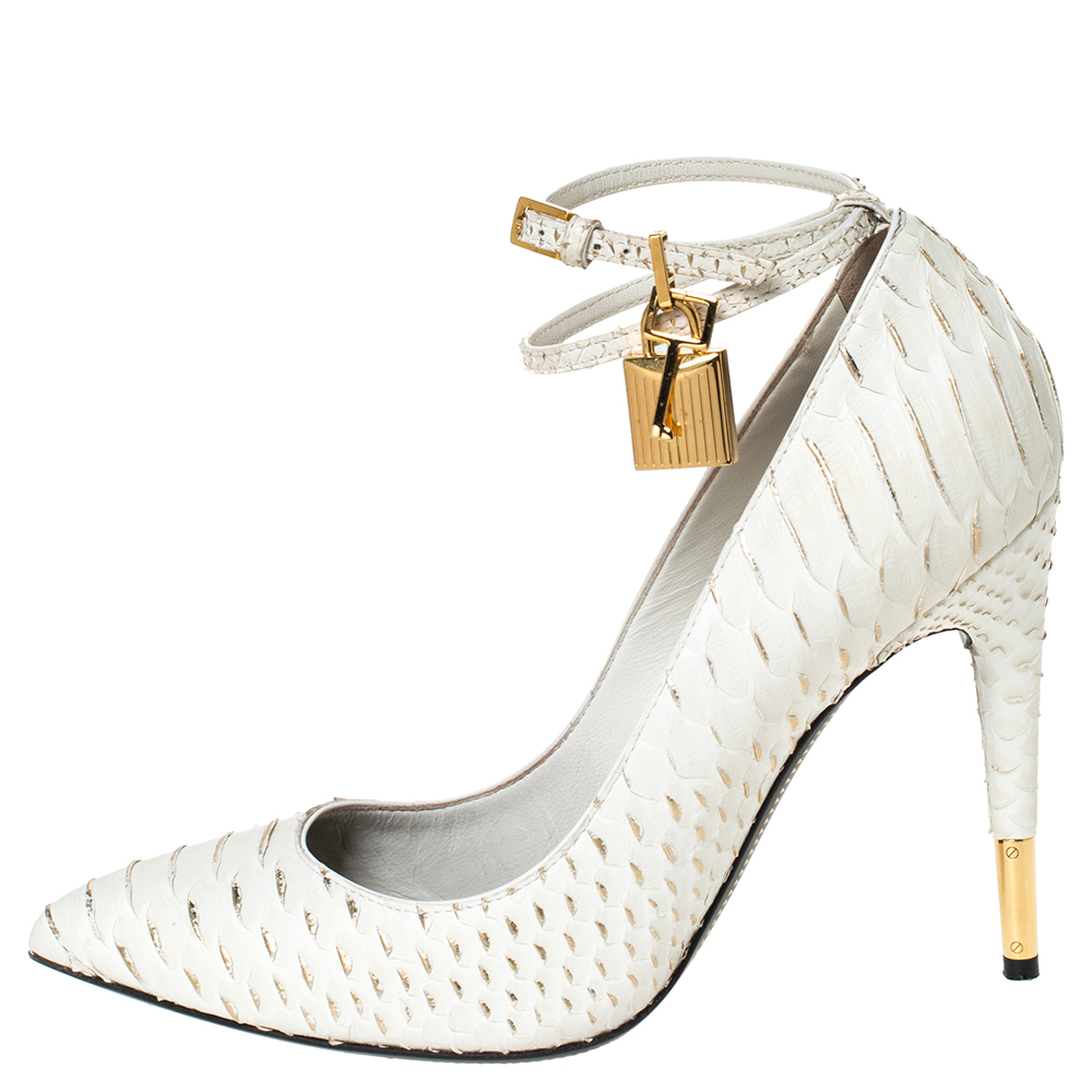 

Tom Ford White Python Leather Padlock Ankle Strap Pointed Toe Pumps Size