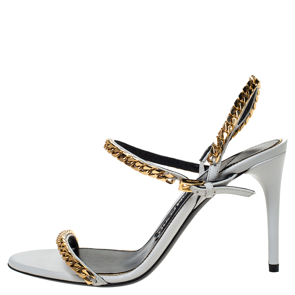 

Tom Ford White Leather Chain Embellished Slingback Sandals Size