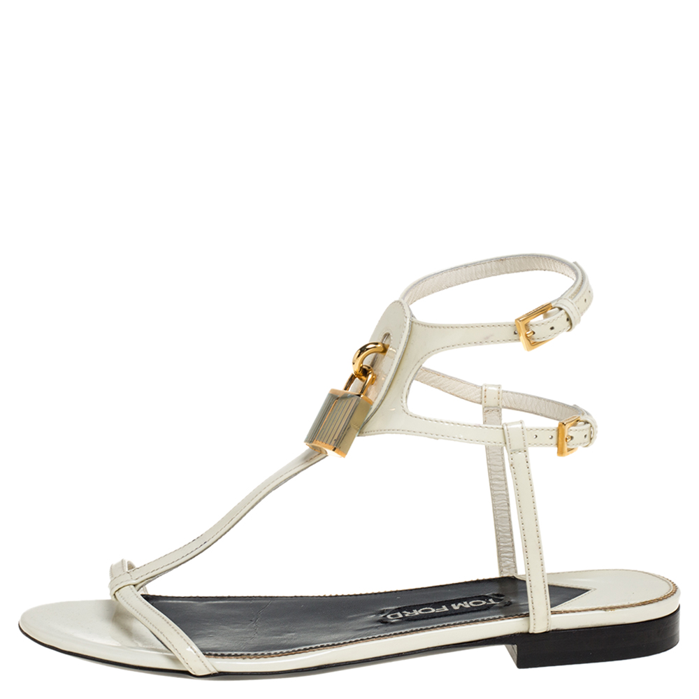 

Tom Ford White Patent Leather T Strap Padlock Flat Sandals Size